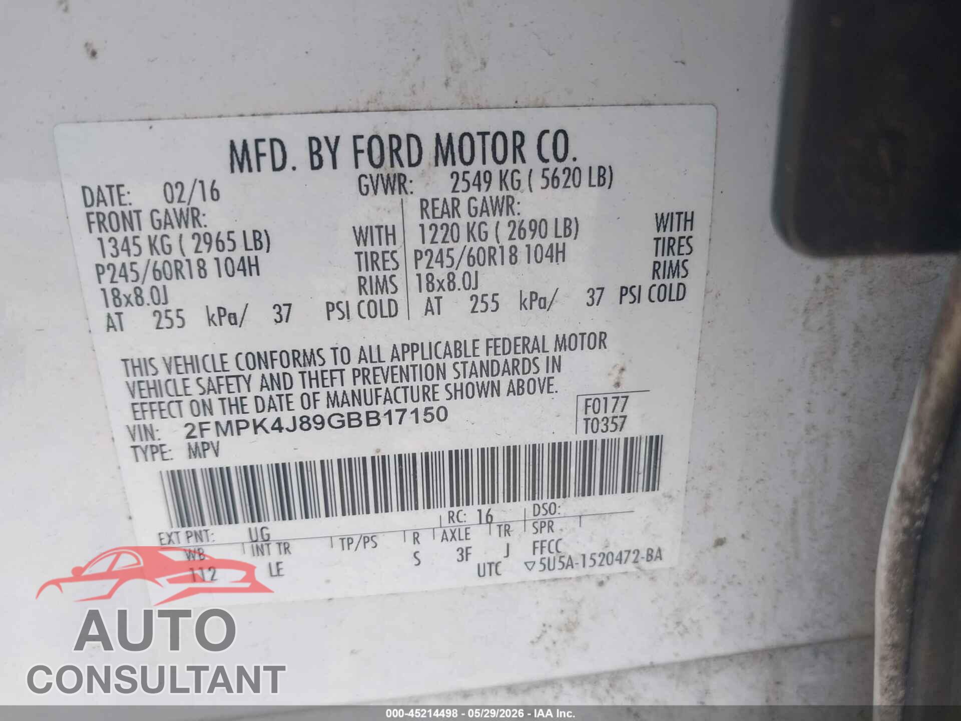 FORD EDGE 2016 - 2FMPK4J89GBB17150