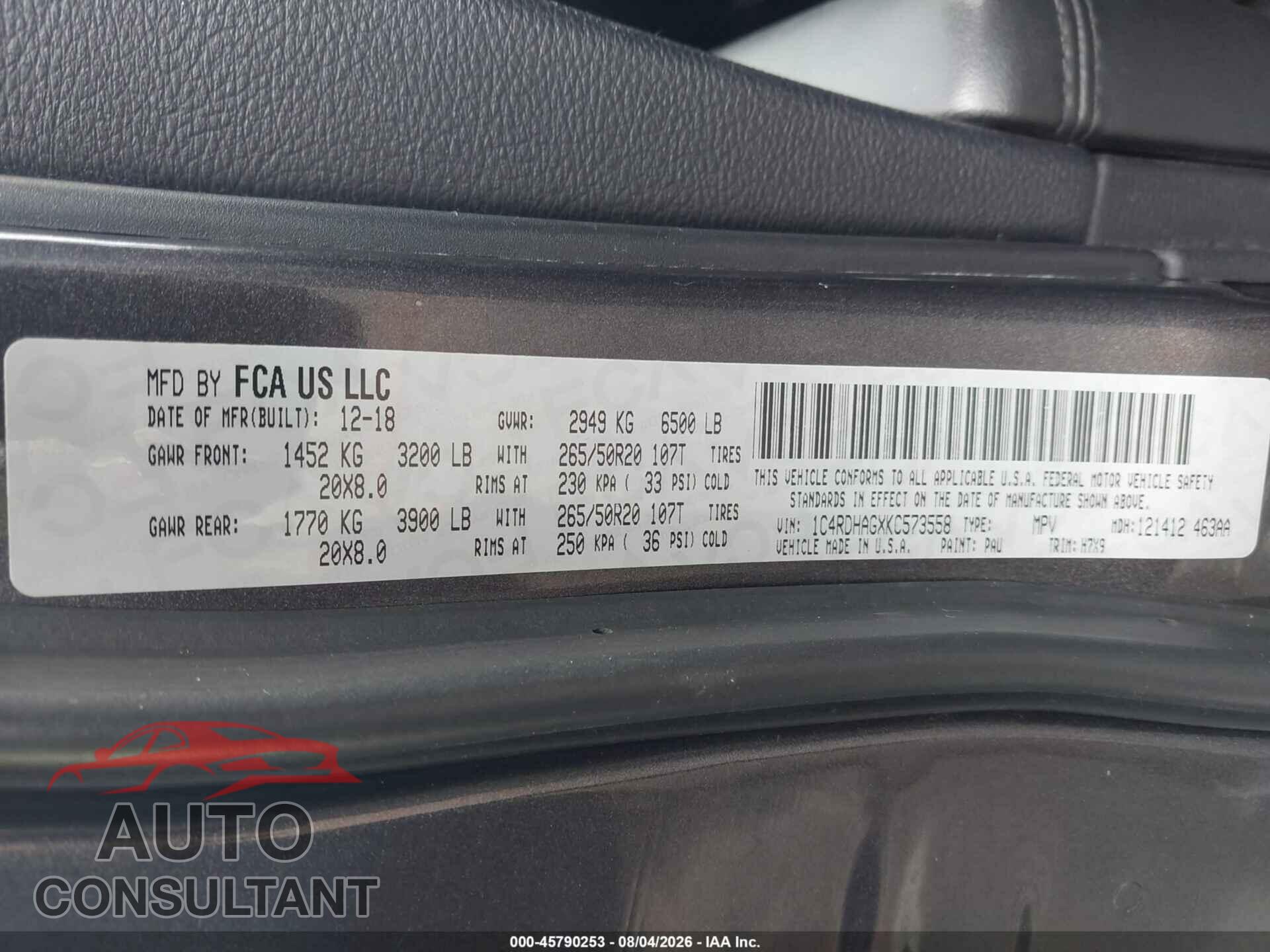DODGE DURANGO 2019 - 1C4RDHAGXKC573558