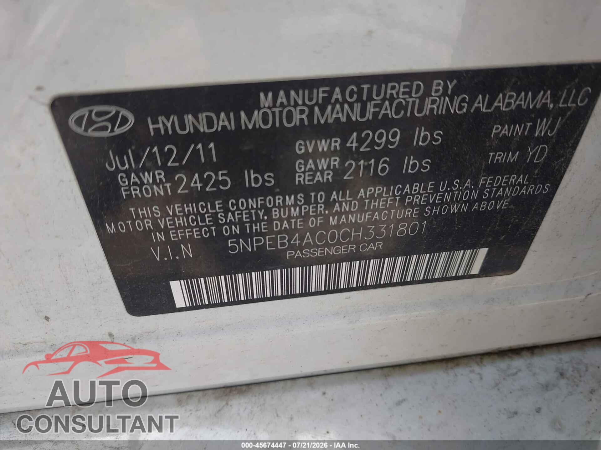 HYUNDAI SONATA 2012 - 5NPEB4AC0CH331801