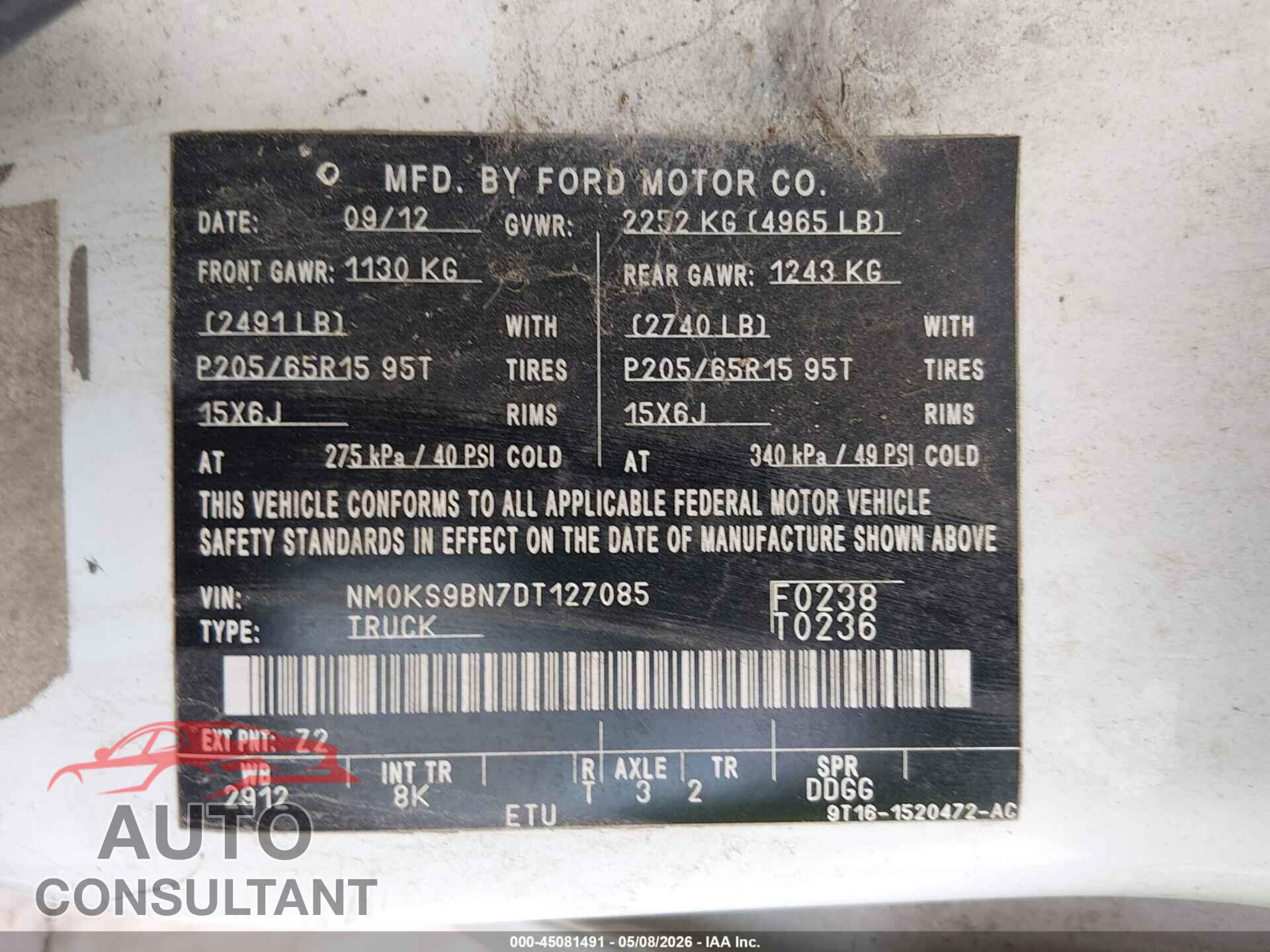 FORD TRANSIT CONNECT 2013 - NM0KS9BN7DT127085