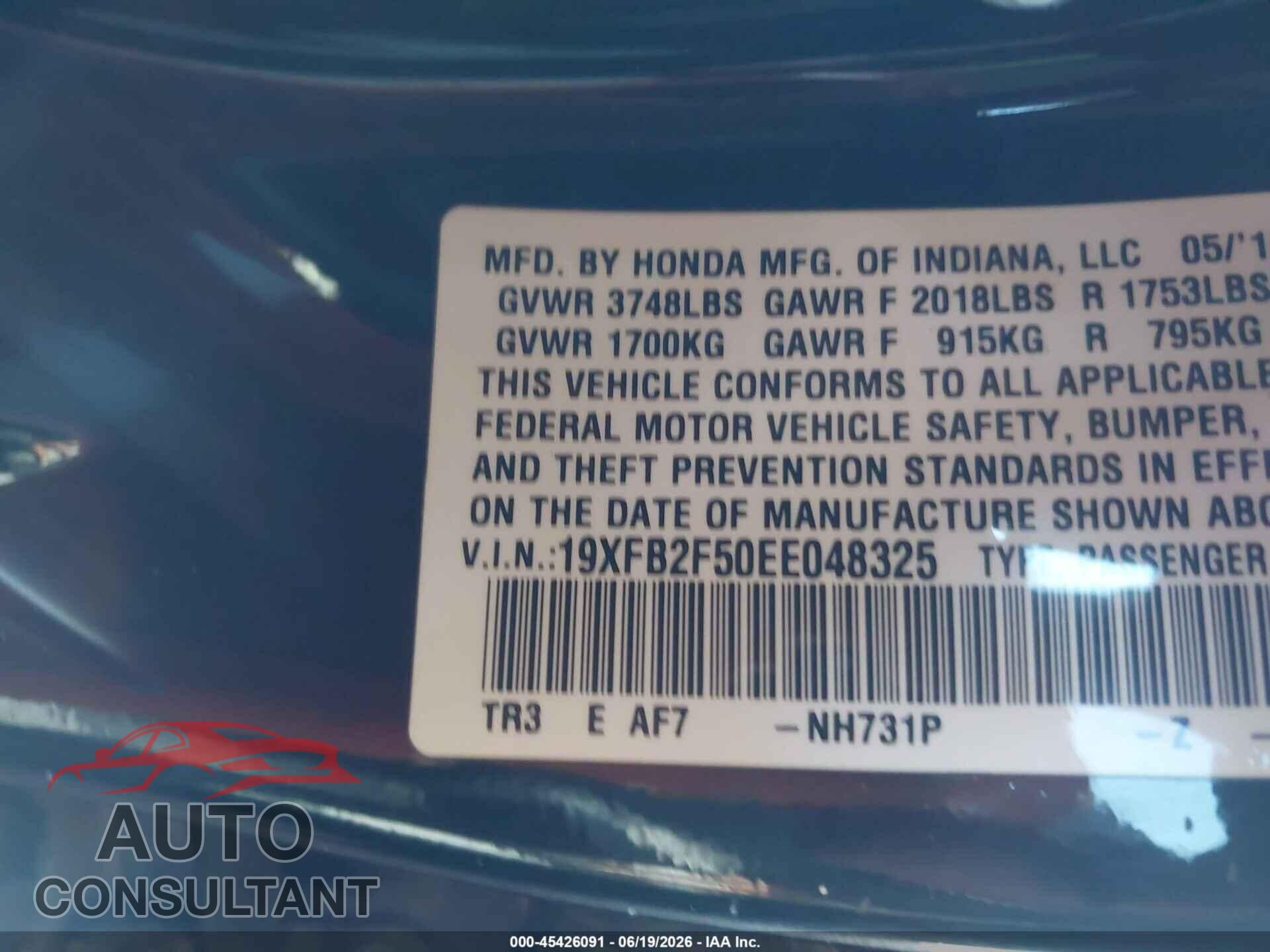 HONDA CIVIC 2014 - 19XFB2F50EE048325