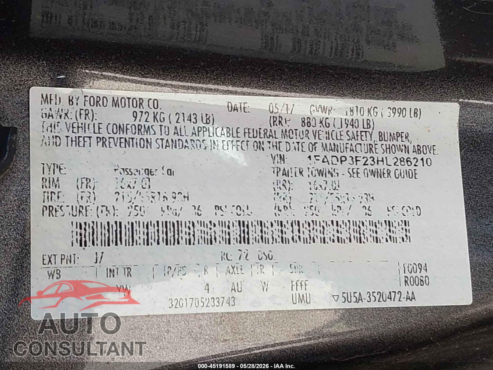 FORD FOCUS 2017 - 1FADP3F23HL286210