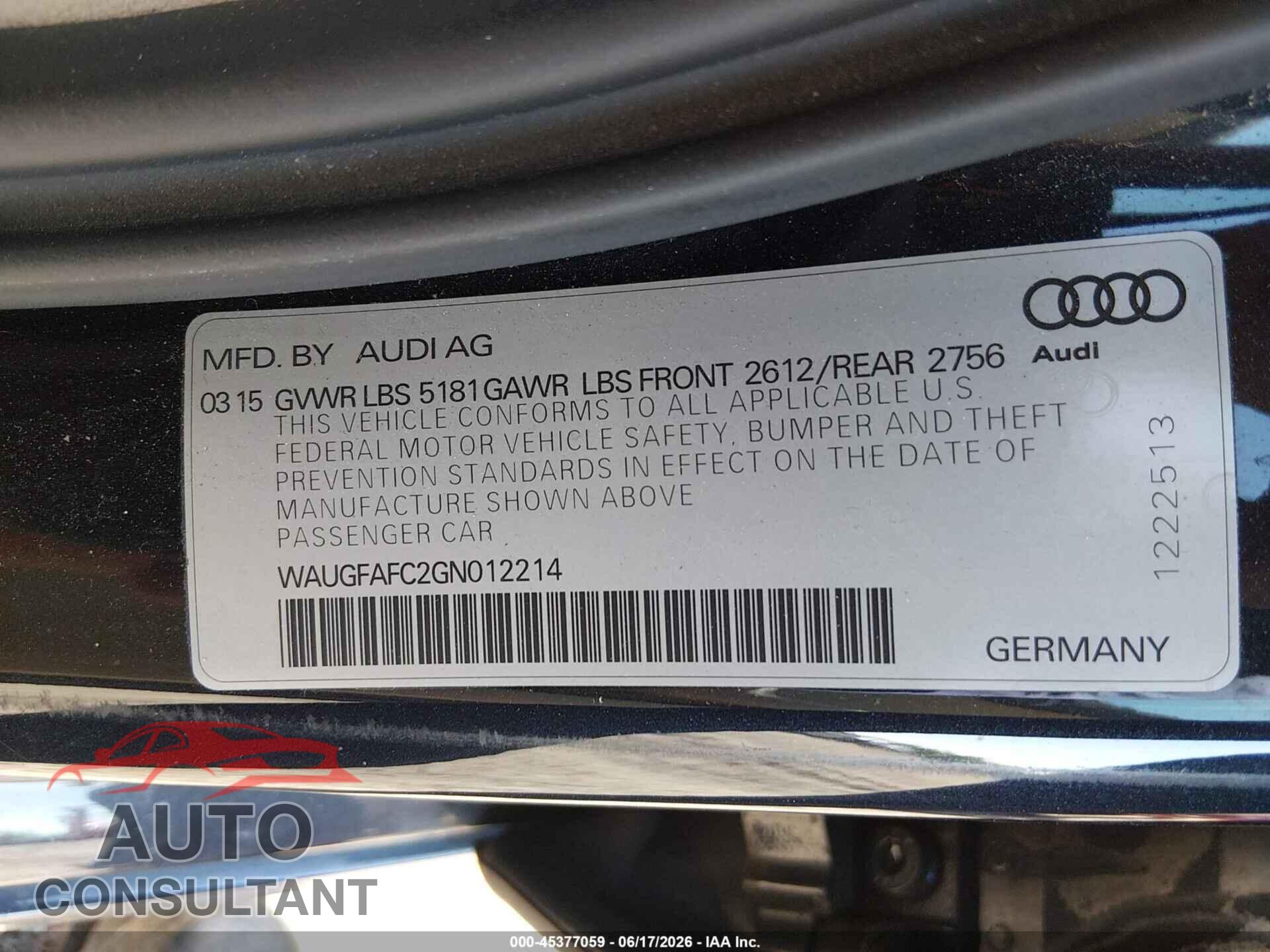 AUDI A6 2016 - WAUGFAFC2GN012214