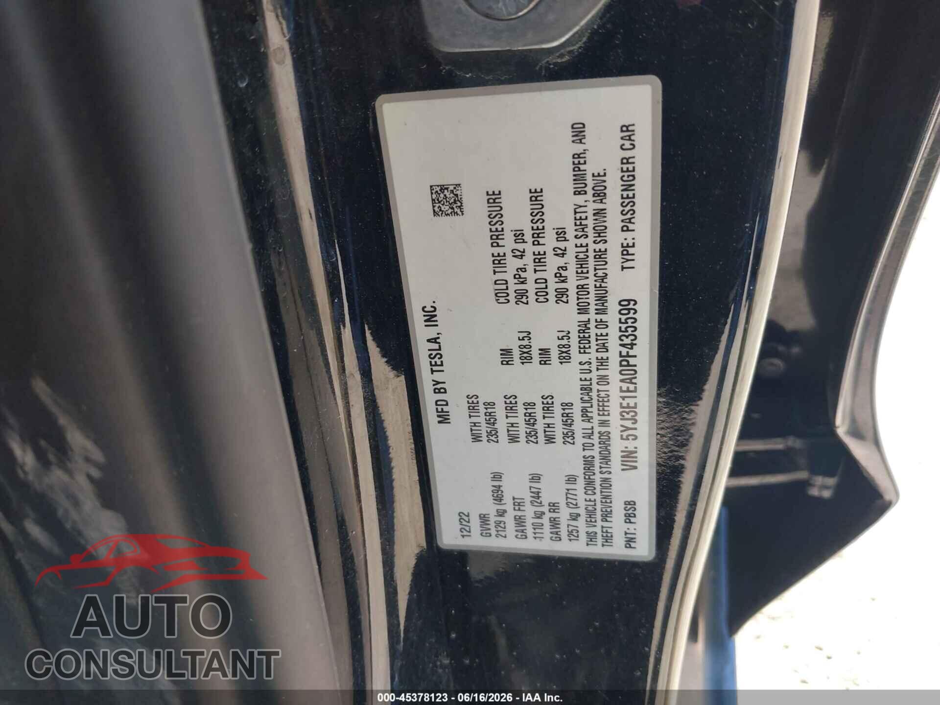 TESLA MODEL 3 2023 - 5YJ3E1EA0PF435599