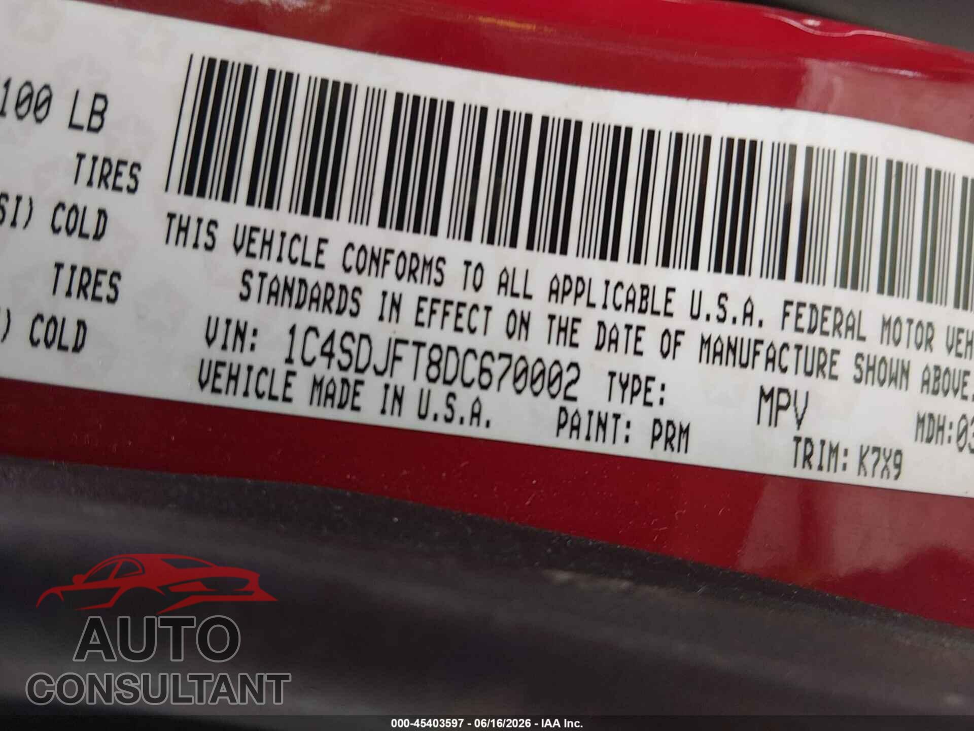DODGE DURANGO 2013 - 1C4SDJFT8DC670002