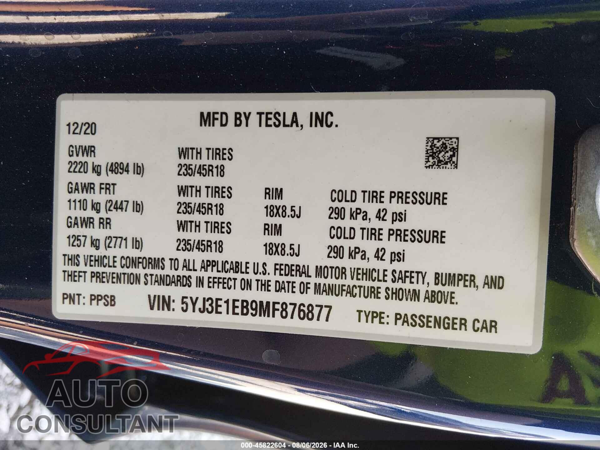 TESLA MODEL 3 2021 - 5YJ3E1EB9MF876877