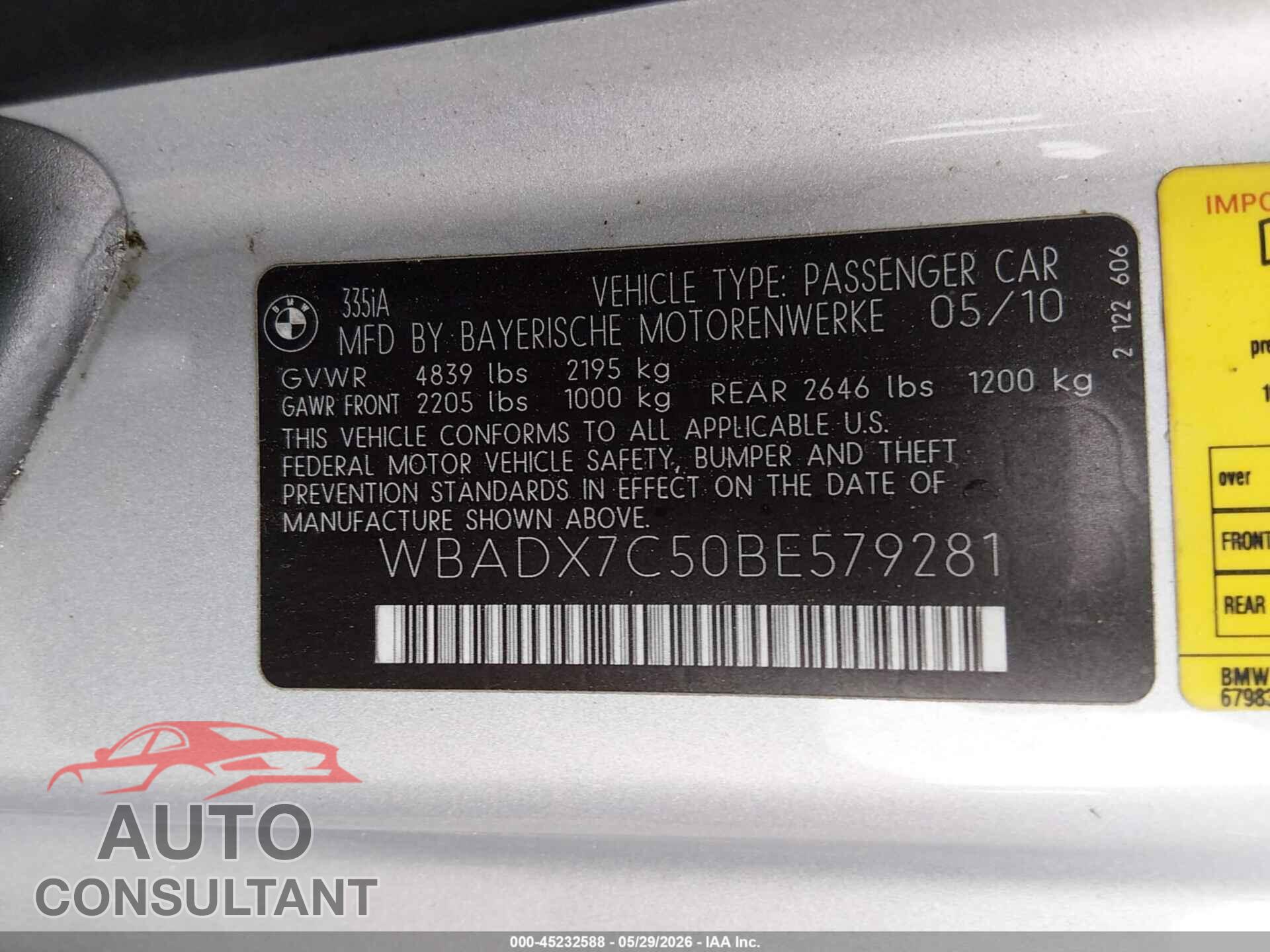 BMW 335I 2011 - WBADX7C50BE579281