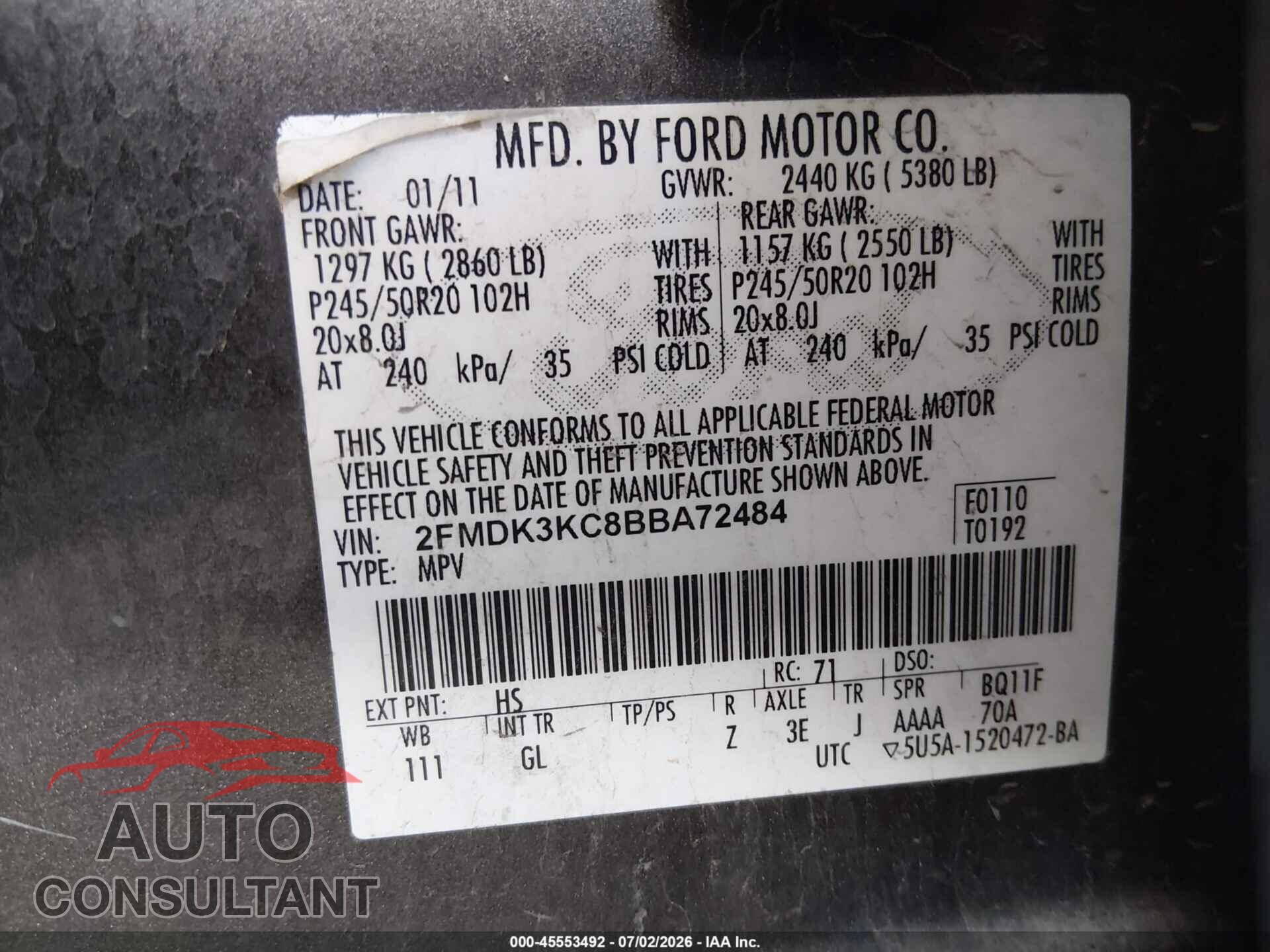 FORD EDGE 2011 - 2FMDK3KC8BBA72484