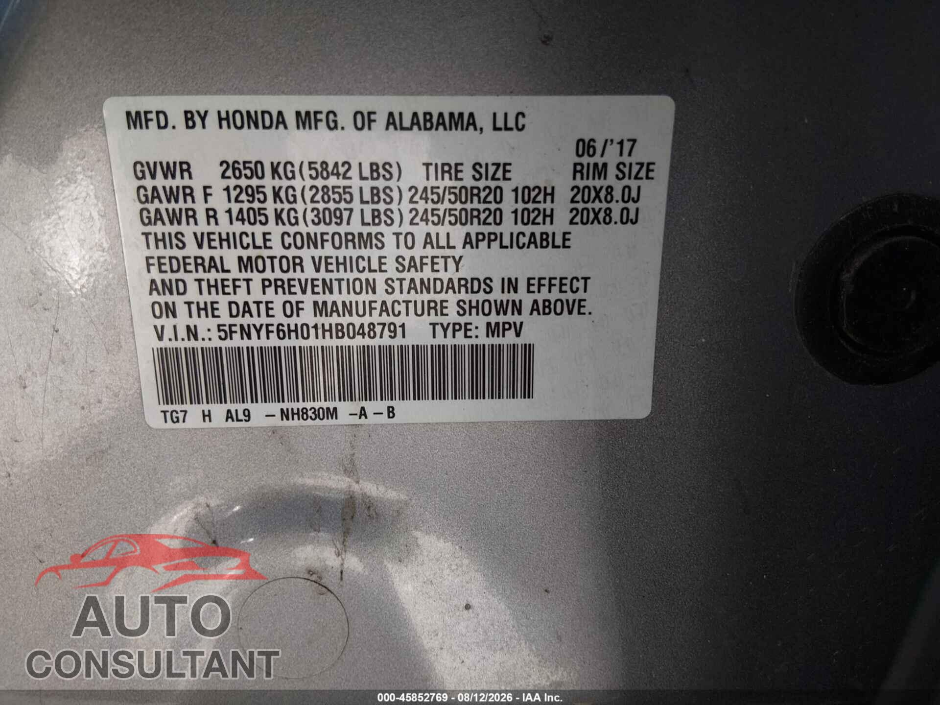 HONDA PILOT 2017 - 5FNYF6H01HB048791