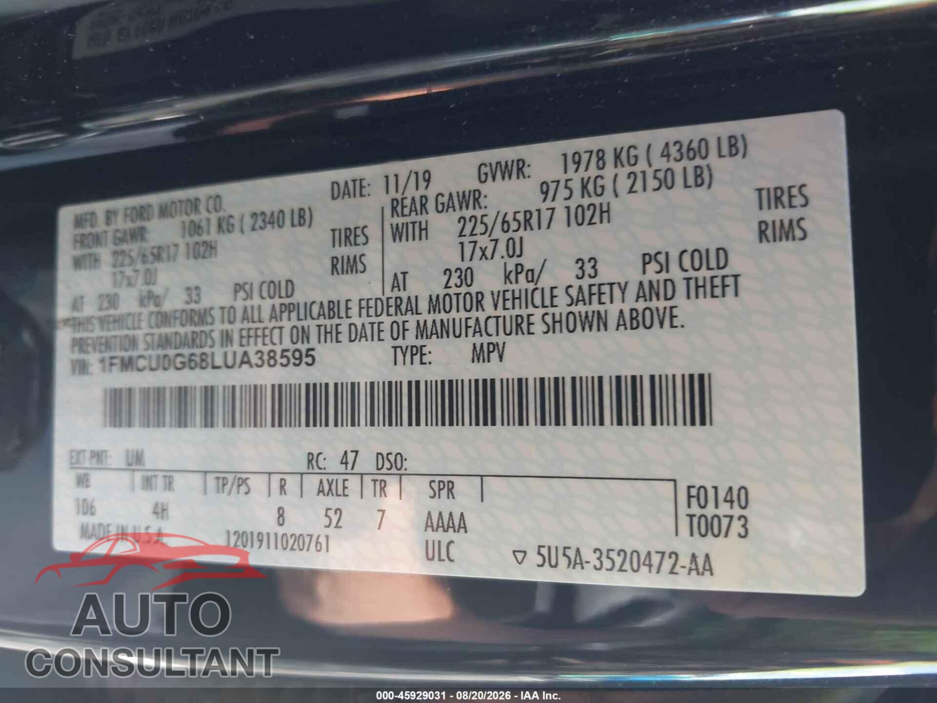 FORD ESCAPE 2020 - 1FMCU0G68LUA38595
