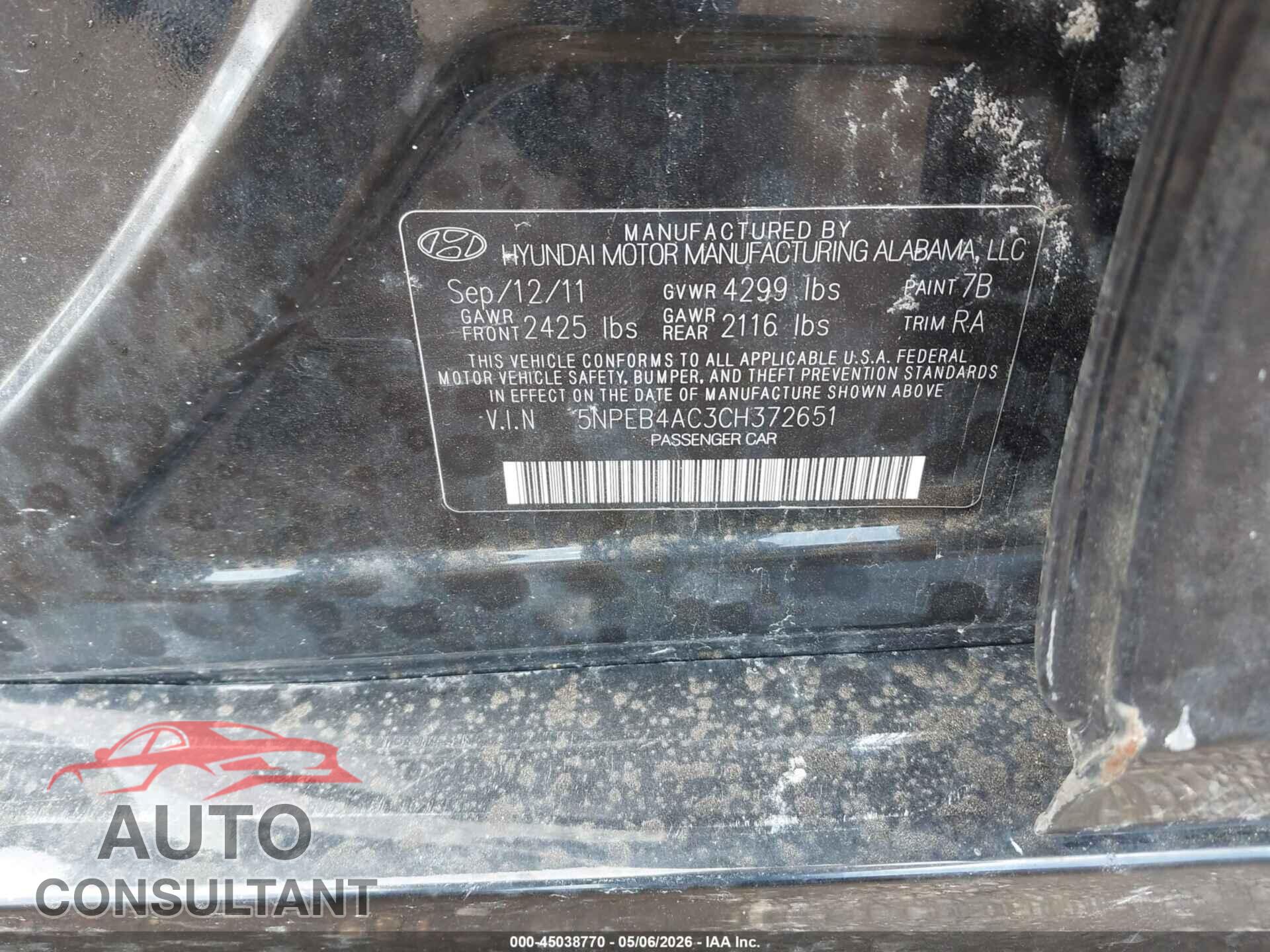 HYUNDAI SONATA 2012 - 5NPEB4AC3CH372651