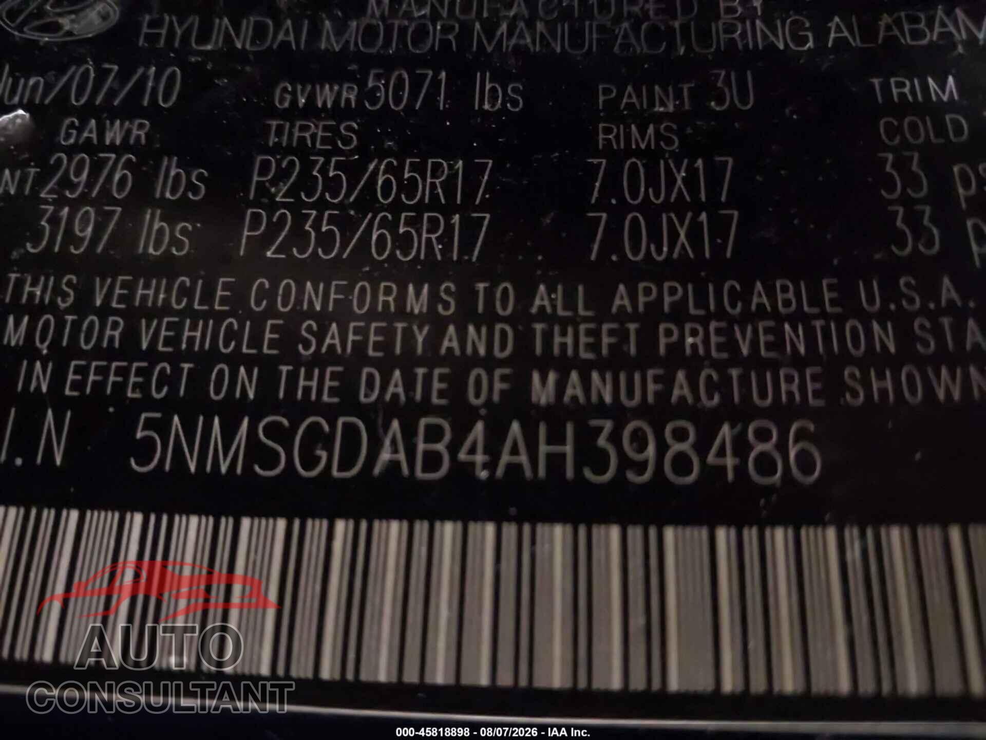 HYUNDAI SANTA FE 2010 - 5NMSGDAB4AH398486