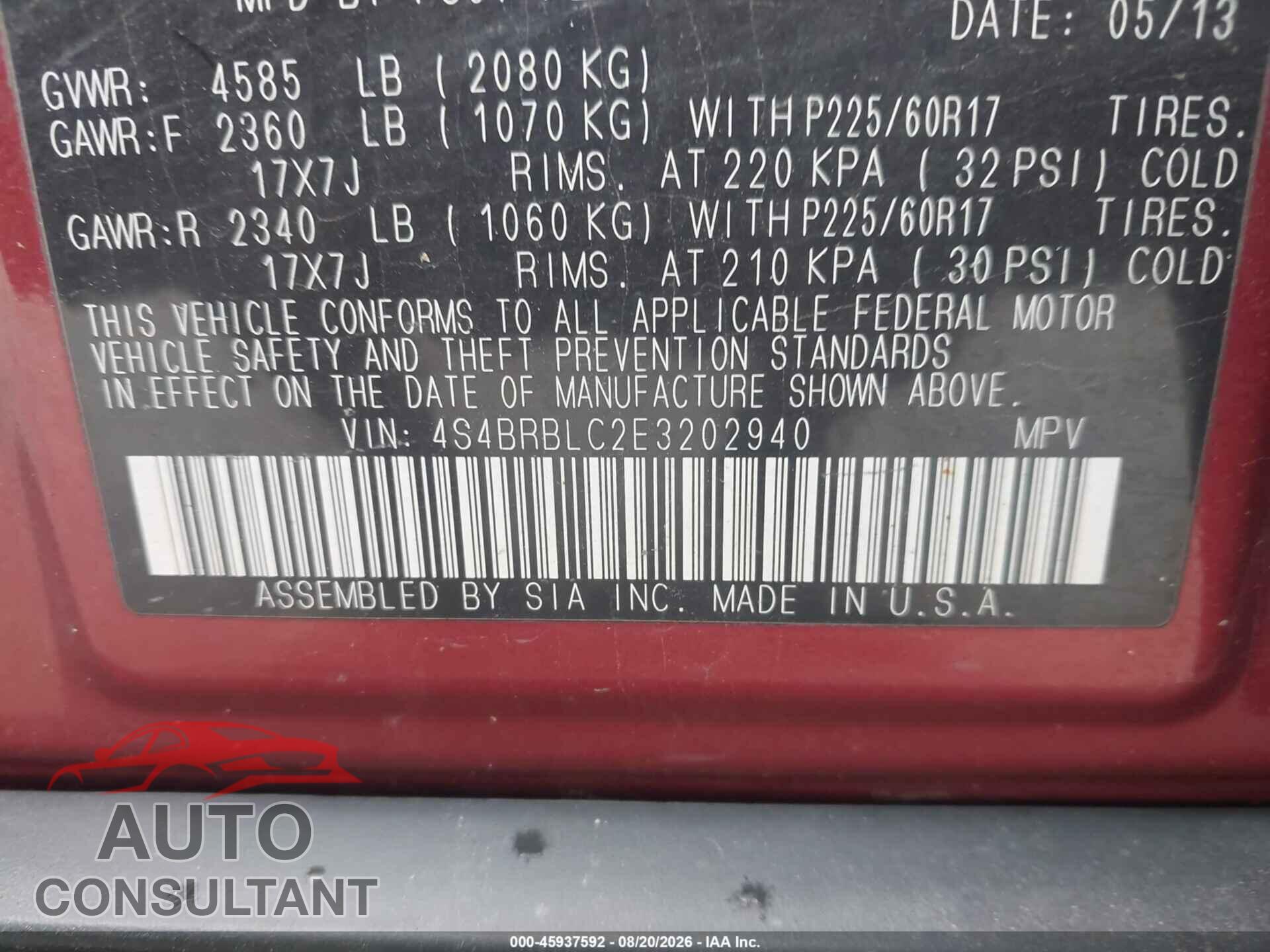 SUBARU OUTBACK 2014 - 4S4BRBLC2E3202940