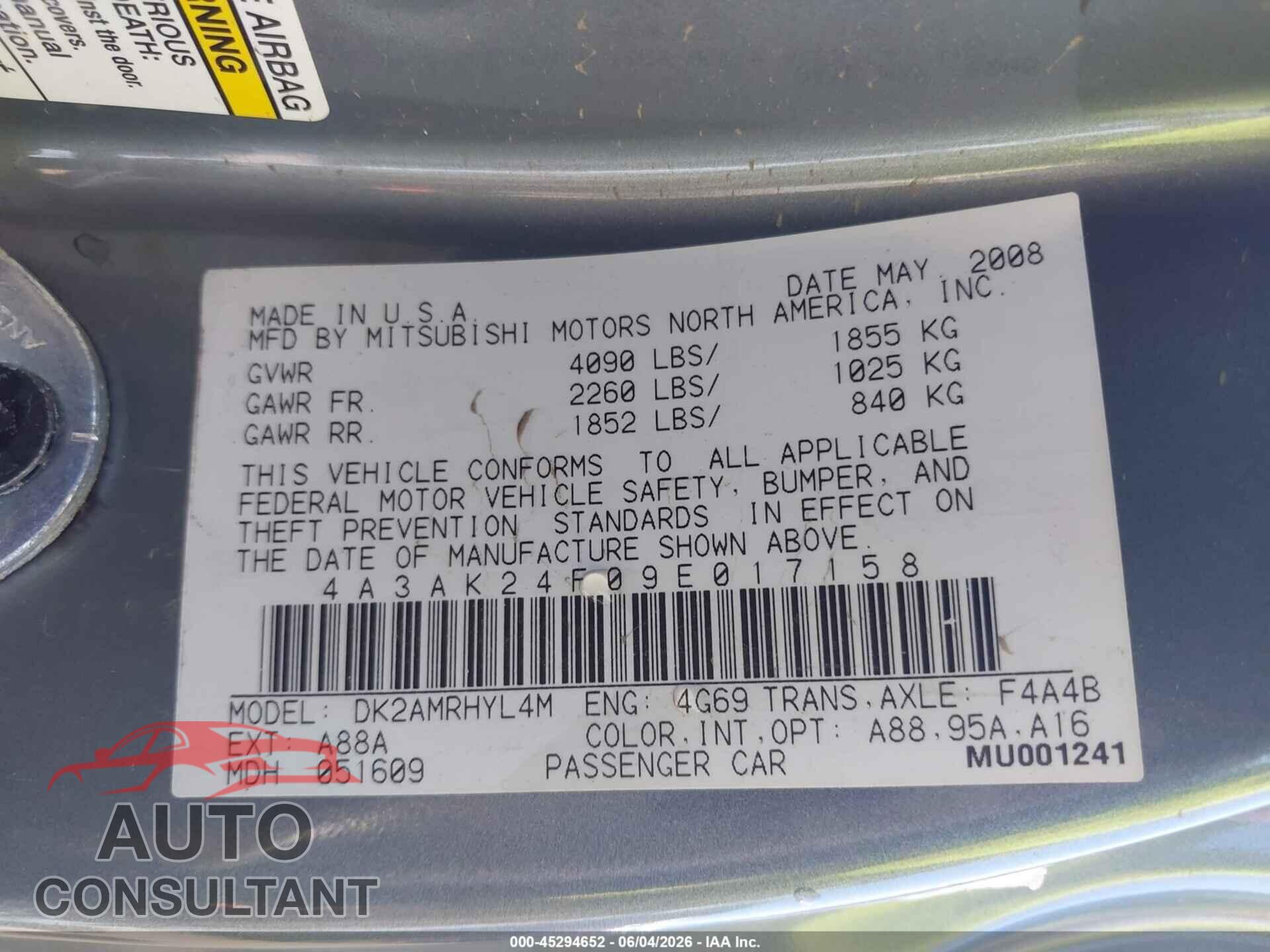 MITSUBISHI ECLIPSE 2009 - 4A3AK24F09E017158