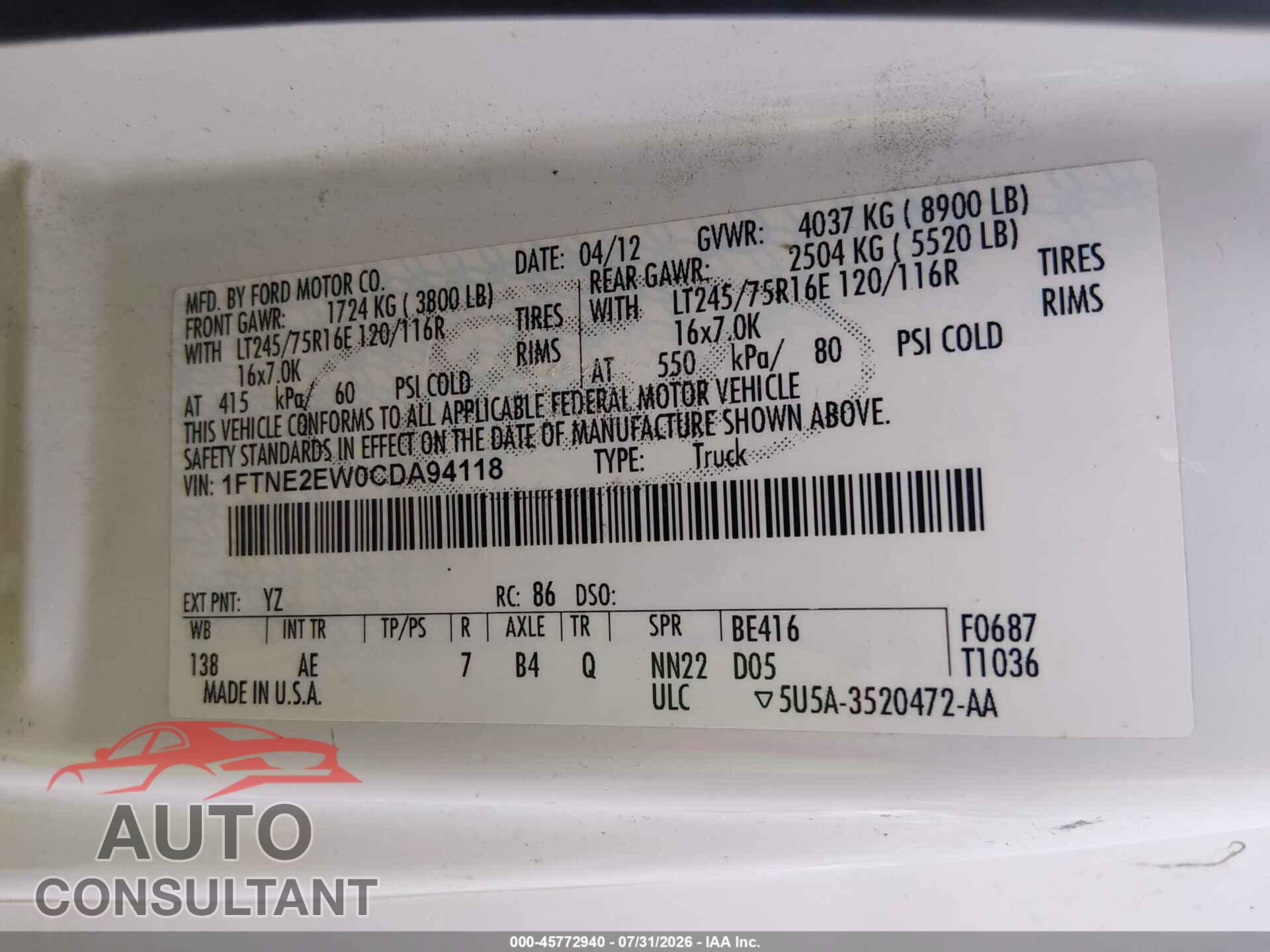 FORD E-250 2012 - 1FTNE2EW0CDA94118