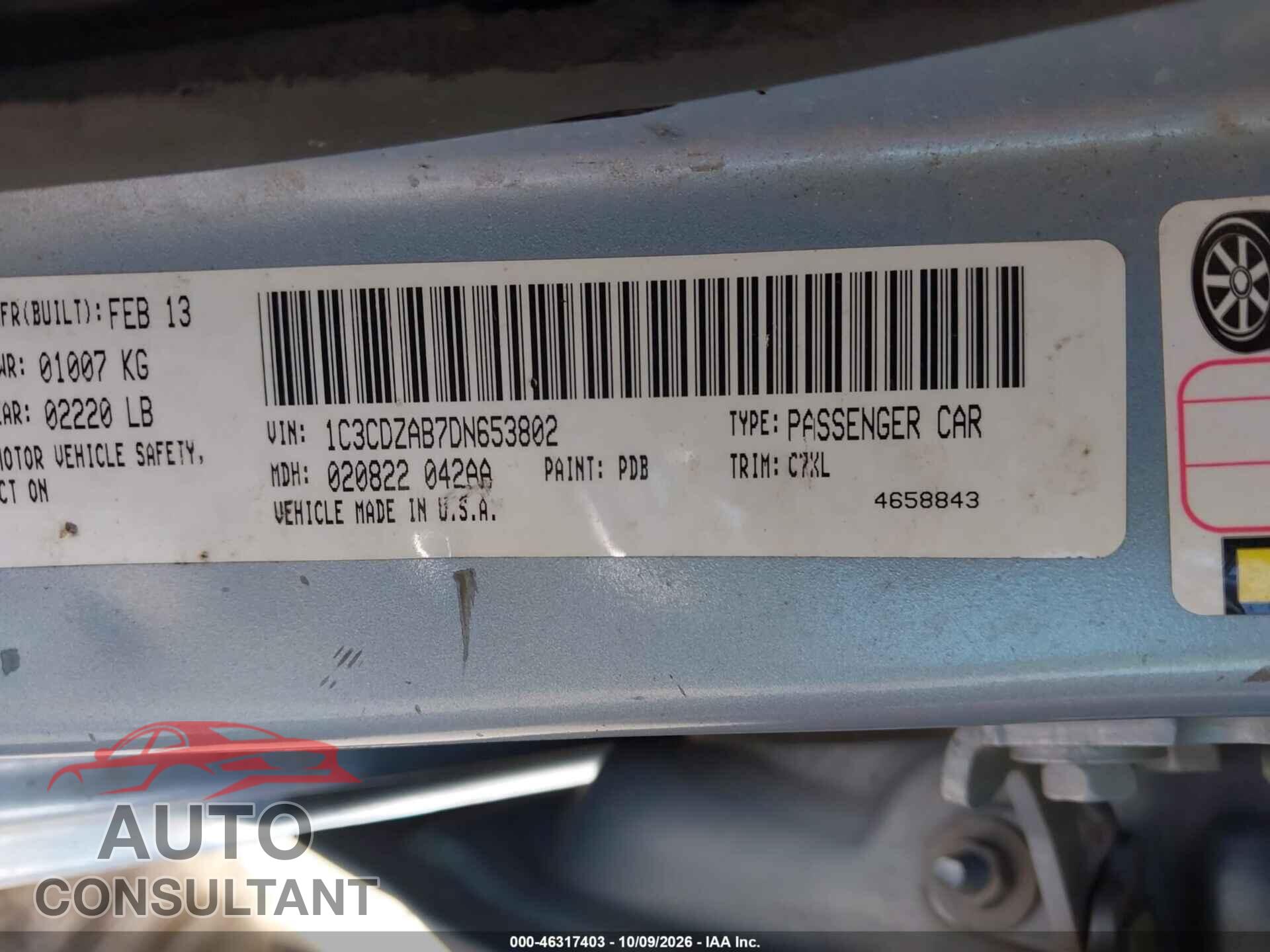 DODGE AVENGER 2013 - 1C3CDZAB7DN653802