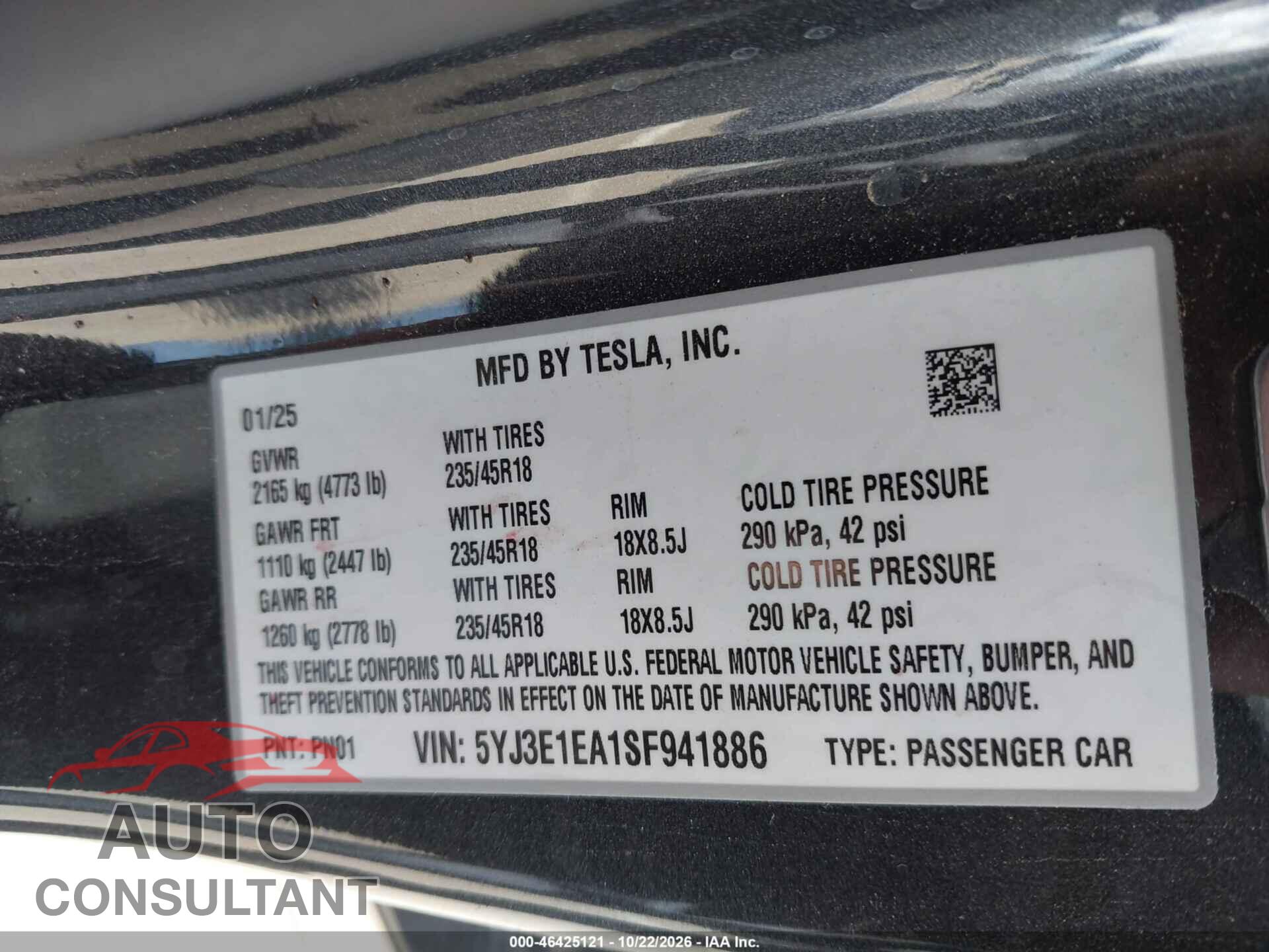 TESLA MODEL 3 2025 - 5YJ3E1EA1SF941886