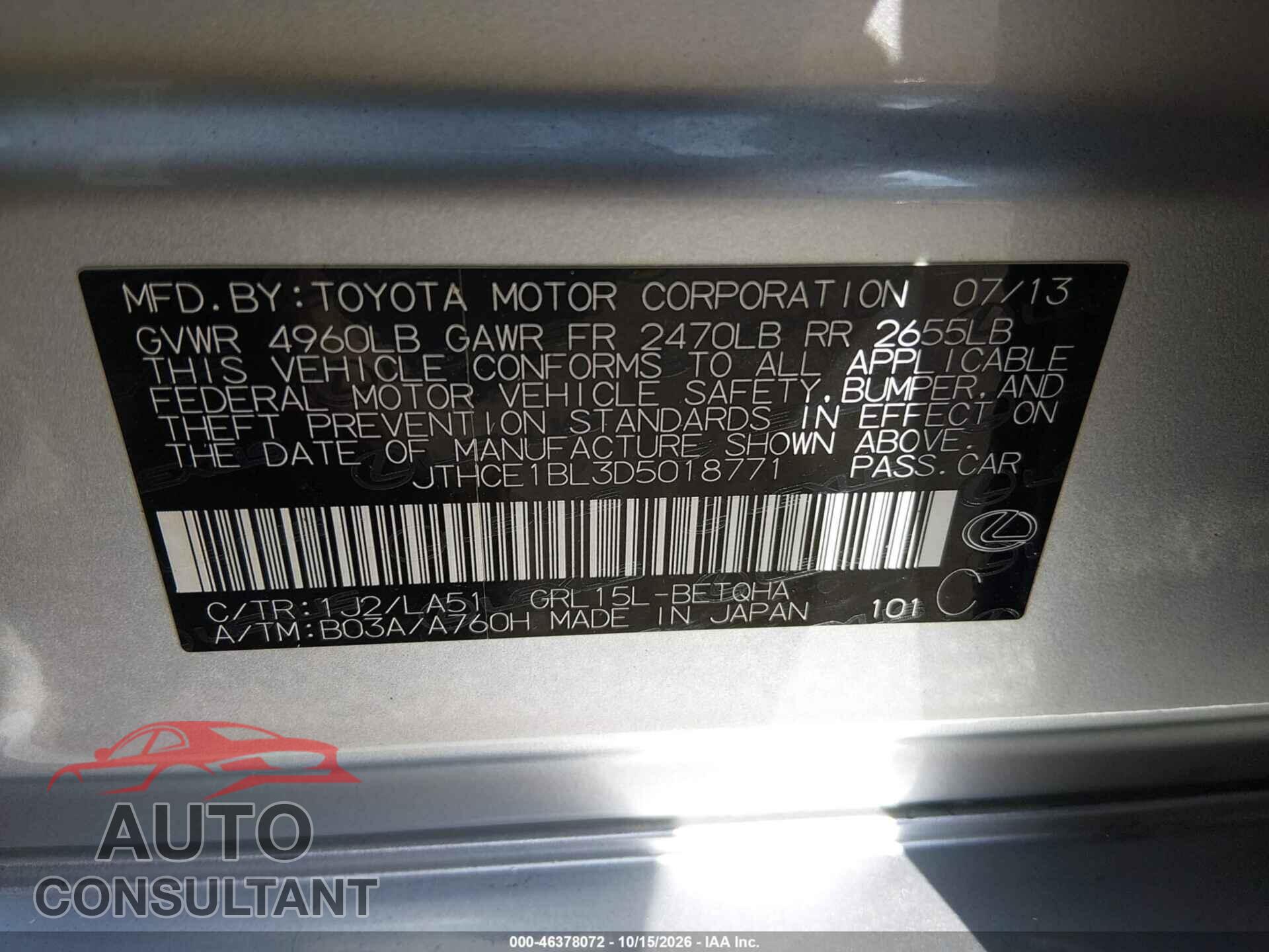 LEXUS GS 350 2013 - JTHCE1BL3D5018771