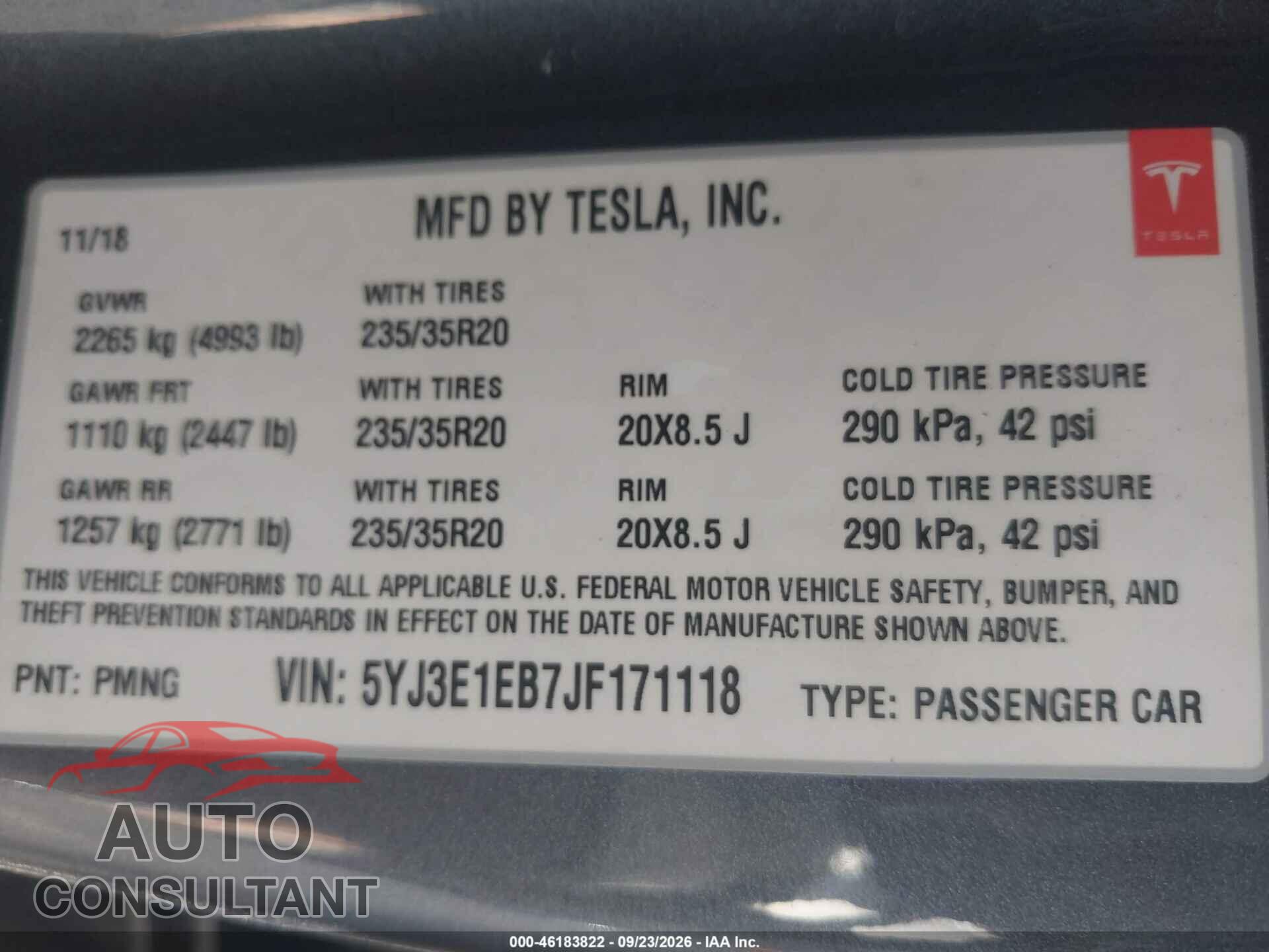 TESLA MODEL 3 2018 - 5YJ3E1EB7JF171118