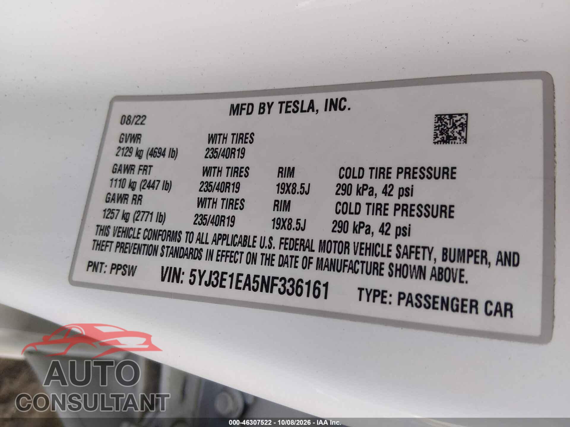 TESLA MODEL 3 2022 - 5YJ3E1EA5NF336161