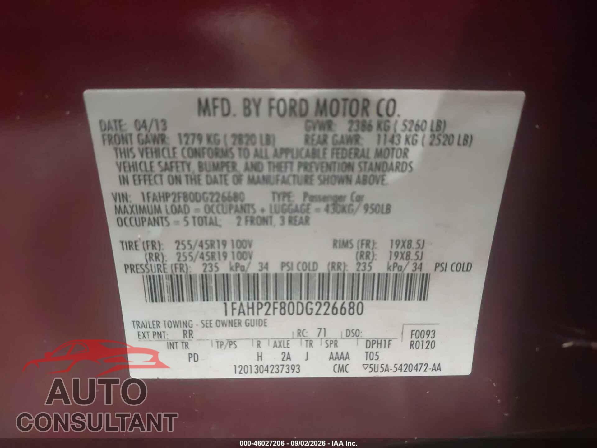 FORD TAURUS 2013 - 1FAHP2F80DG226680
