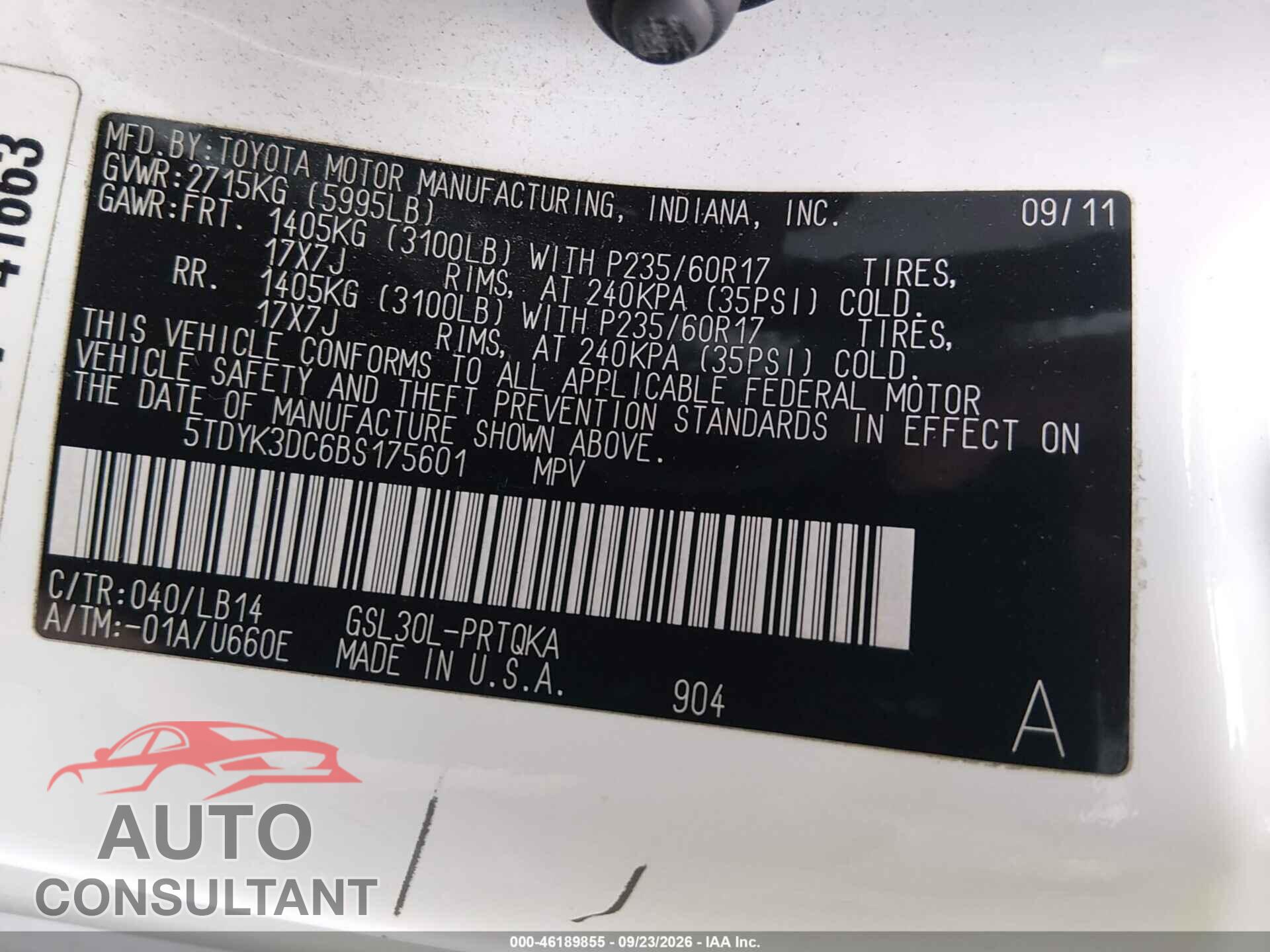 TOYOTA SIENNA 2011 - 5TDYK3DC6BS175601
