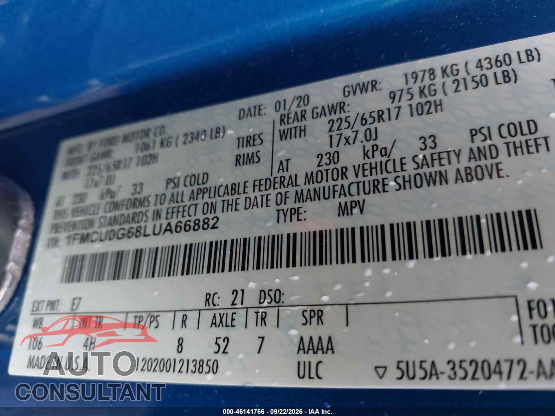 FORD ESCAPE 2020 - 1FMCU0G68LUA66882
