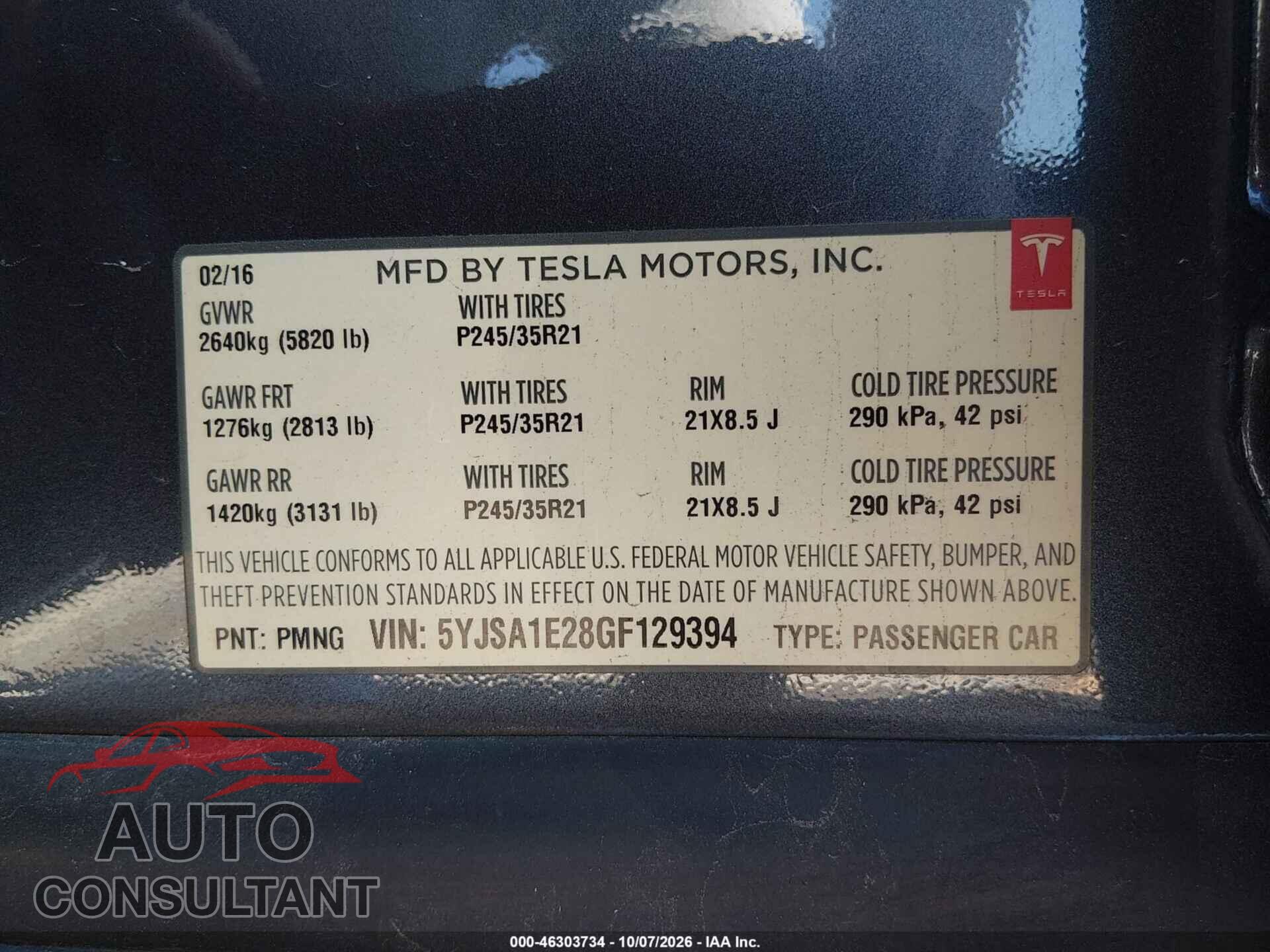 TESLA MODEL S 2016 - 5YJSA1E28GF129394