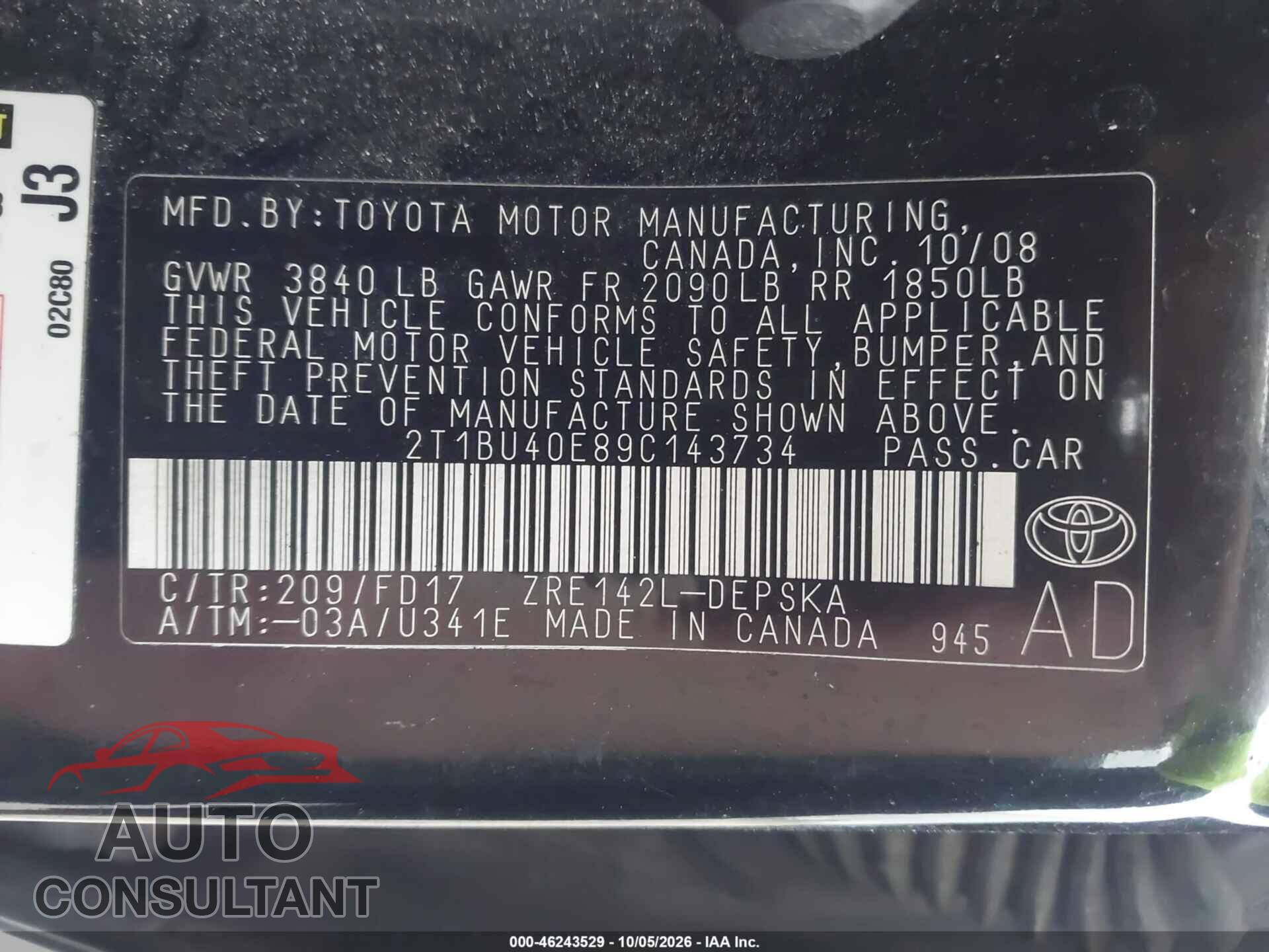 TOYOTA COROLLA 2009 - 2T1BU40E89C143734