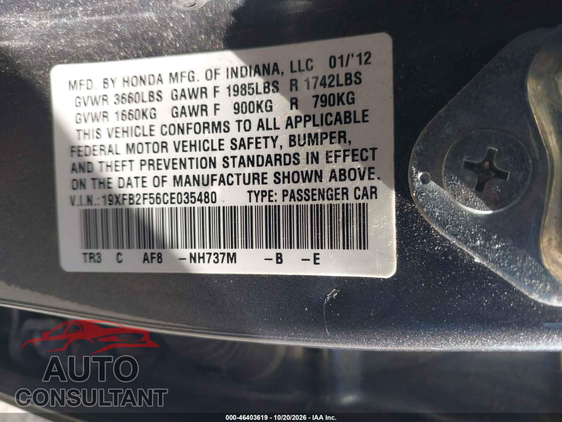 HONDA CIVIC 2012 - 19XFB2F56CE035480