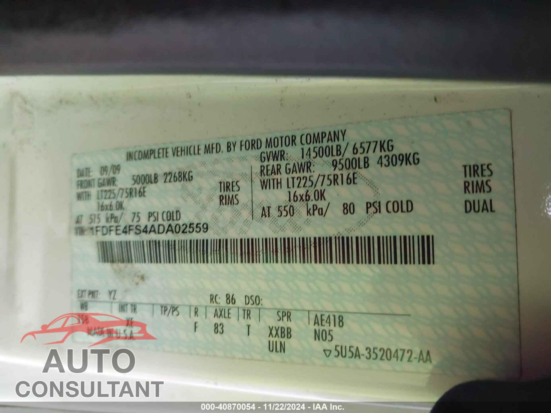 FORD E-450 CUTAWAY 2010 - 1FDFE4FS4ADA02559