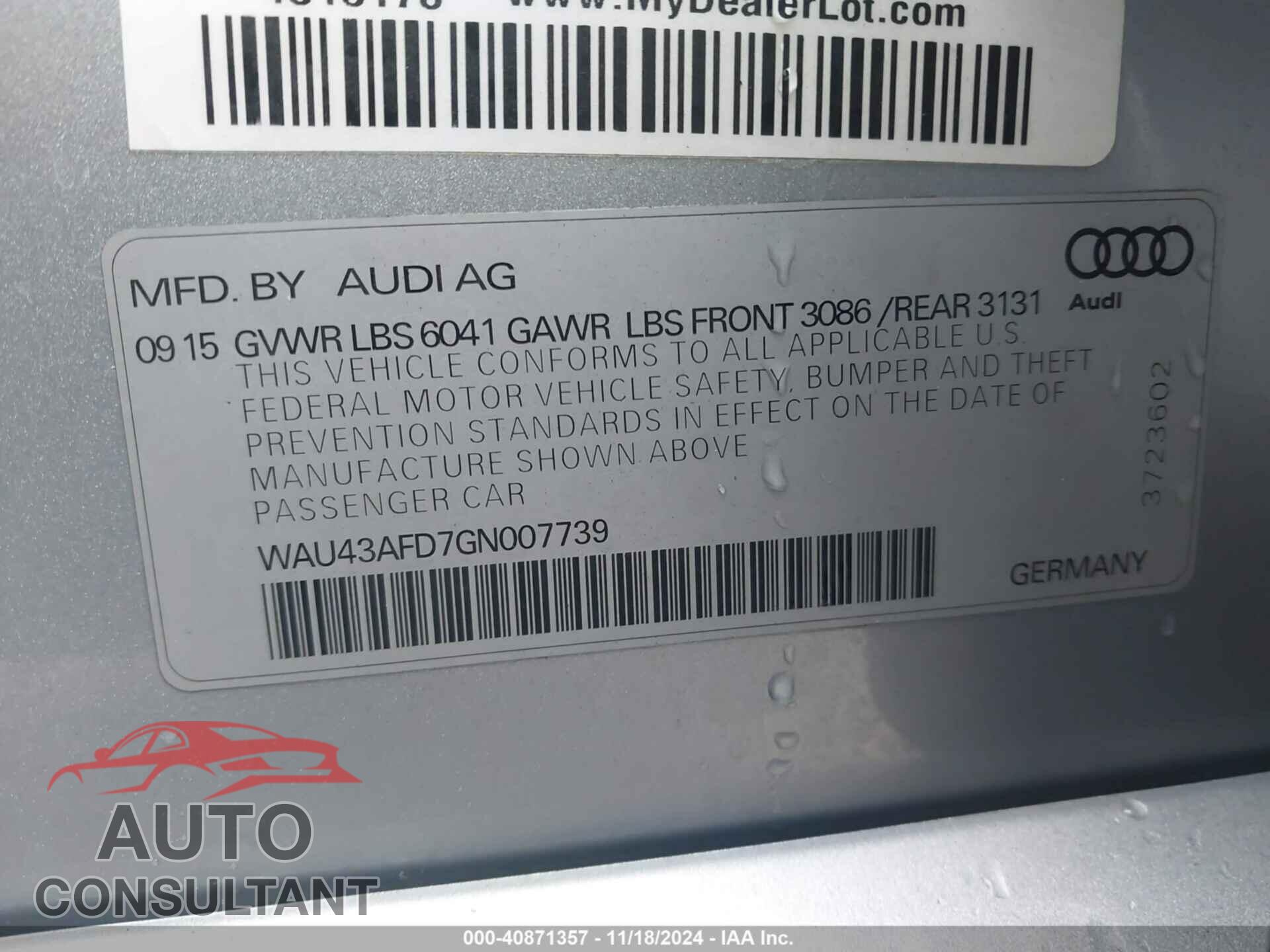 AUDI A8 L 2016 - WAU43AFD7GN007739