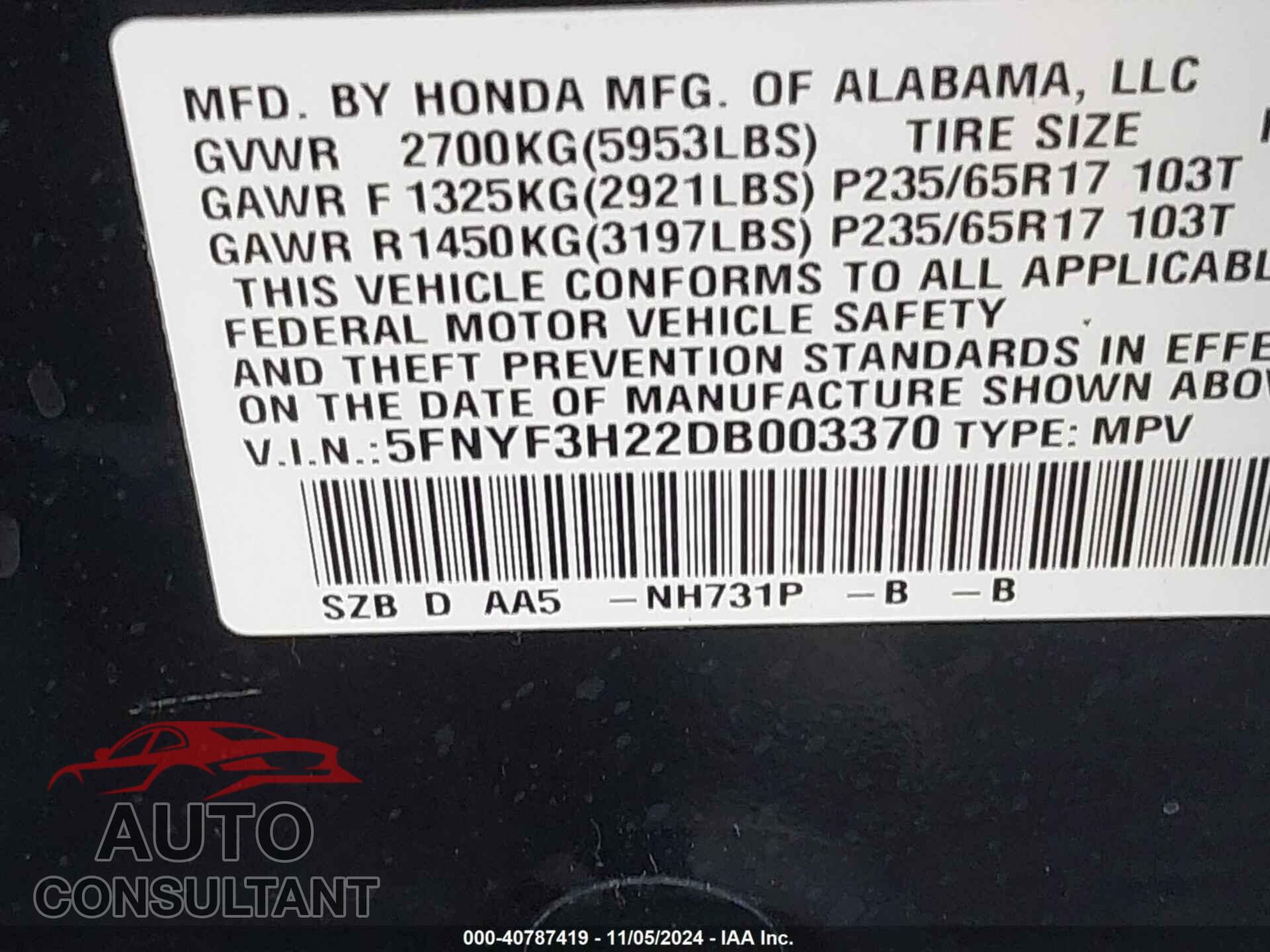 HONDA PILOT 2013 - 5FNYF3H22DB003370