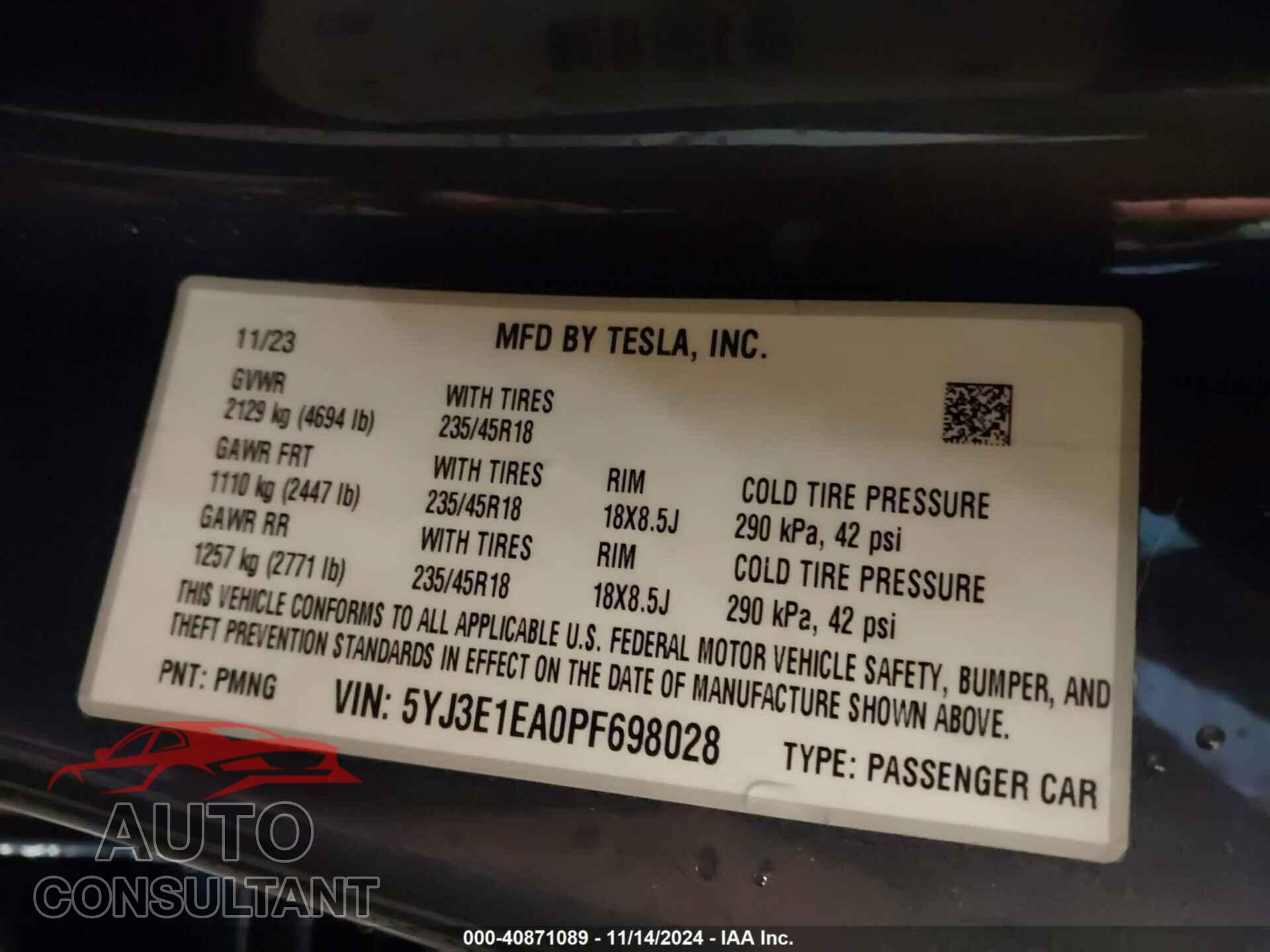 TESLA MODEL 3 2023 - 5YJ3E1EA0PF698028