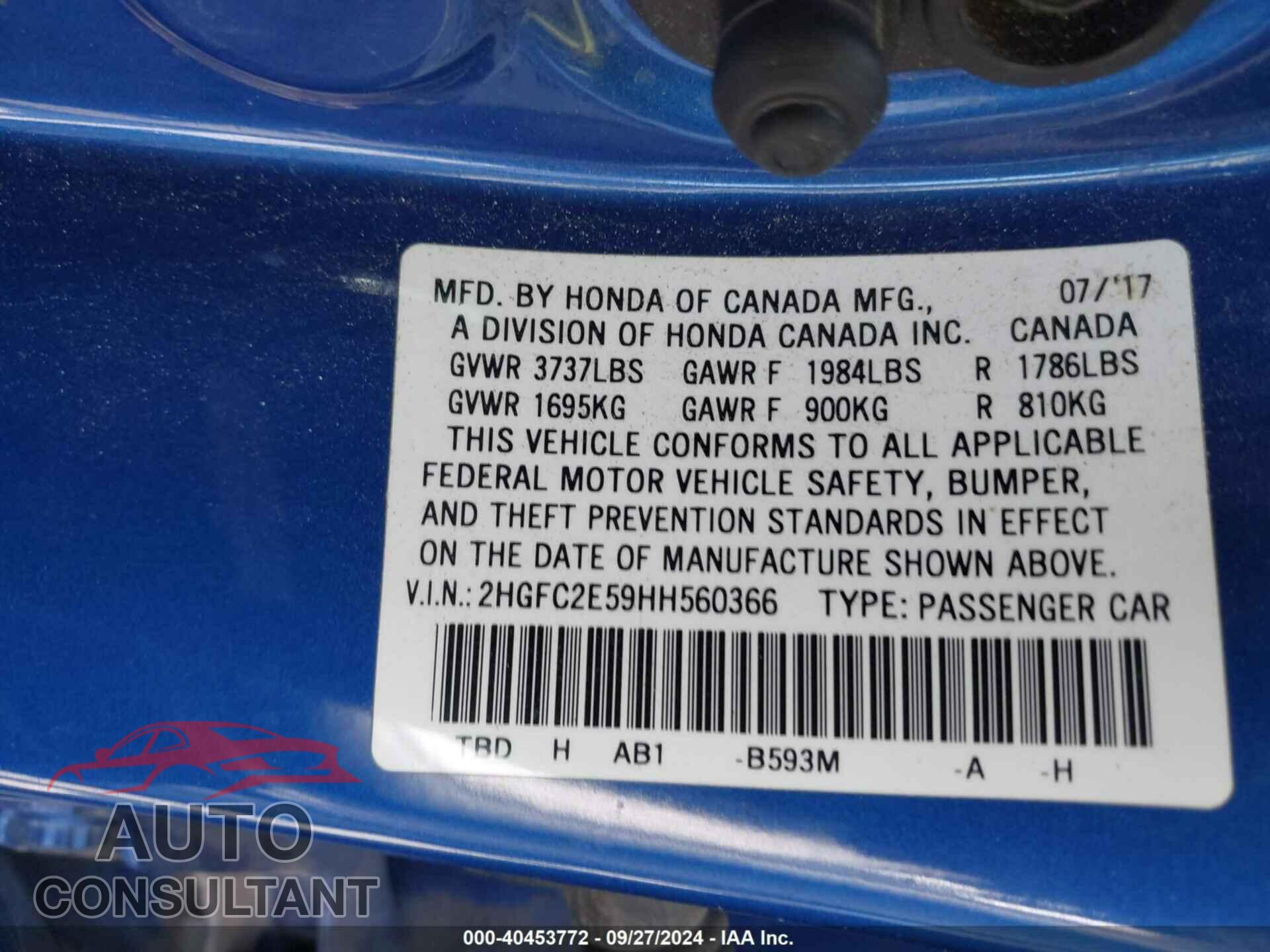 HONDA CIVIC 2017 - 2HGFC2E59HH560366