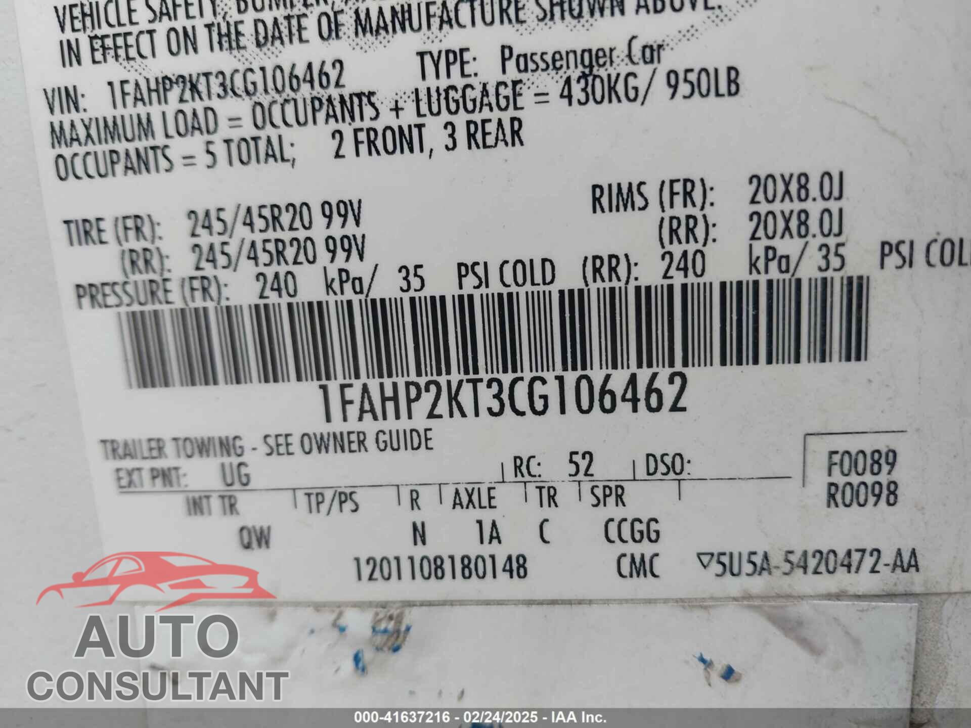 FORD TAURUS 2012 - 1FAHP2KT3CG106462