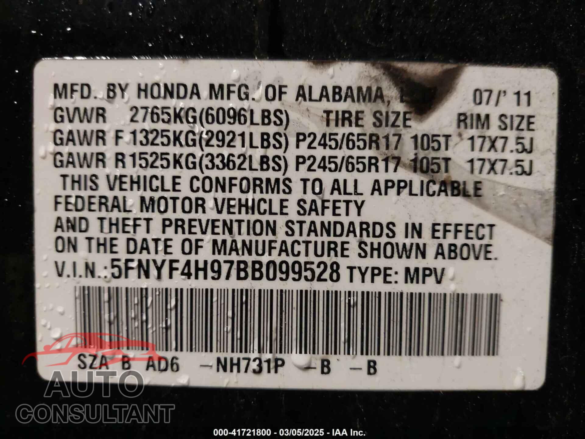 HONDA PILOT 2011 - 5FNYF4H97BB099528