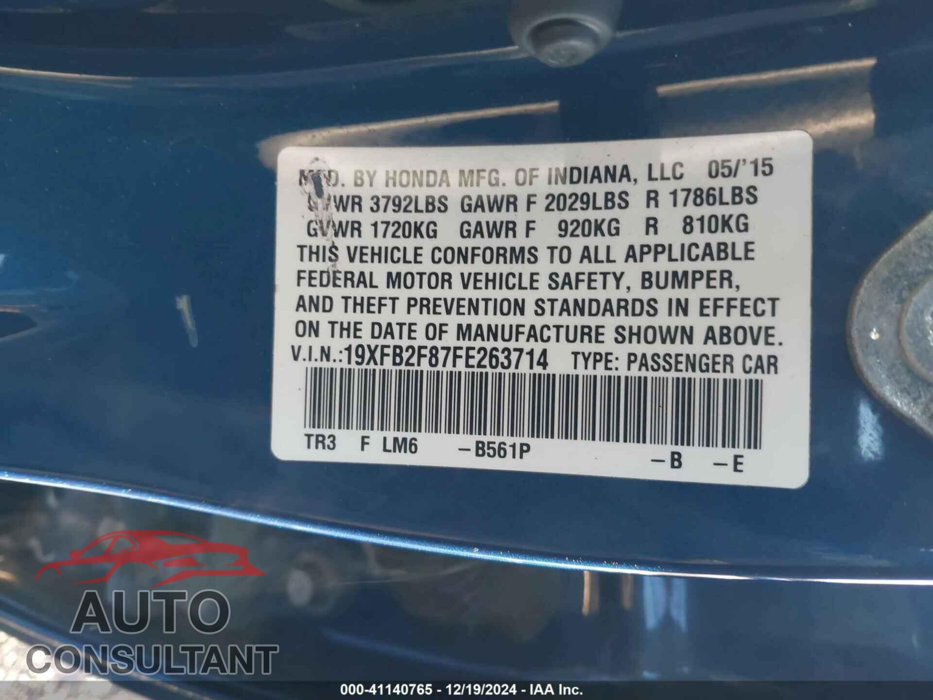 HONDA CIVIC 2015 - 19XFB2F87FE263714