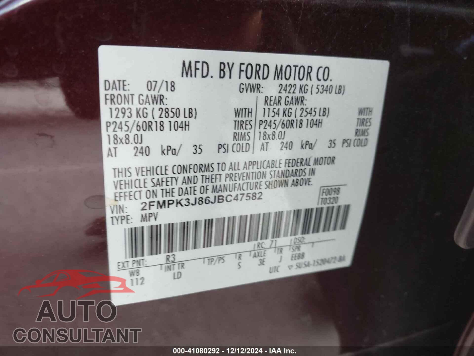 FORD EDGE 2018 - 2FMPK3J86JBC47582