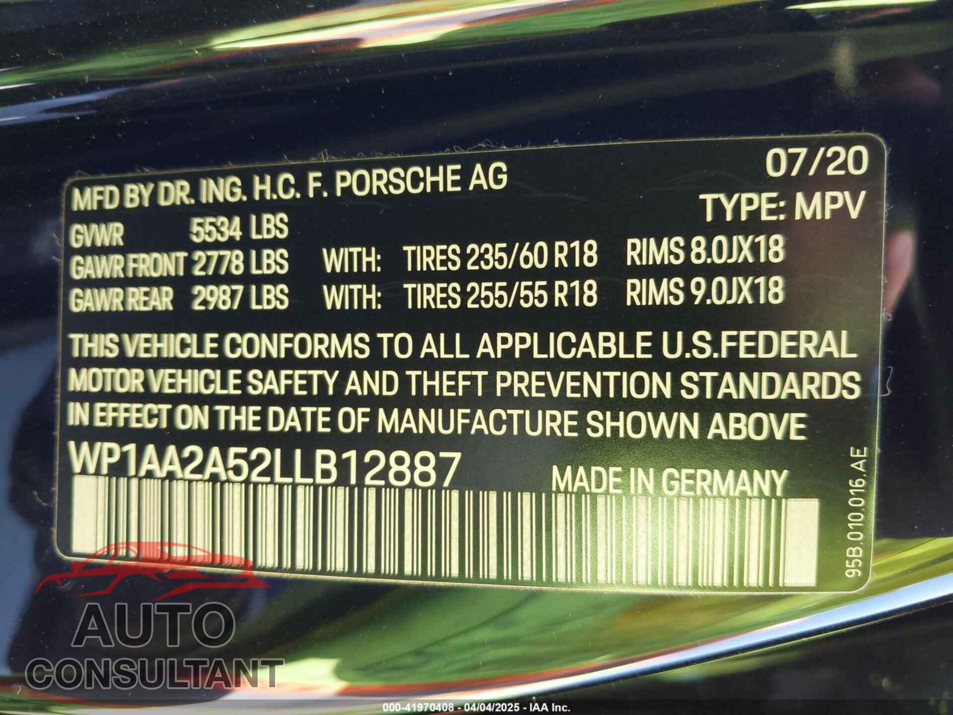 PORSCHE MACAN 2020 - WP1AA2A52LLB12887