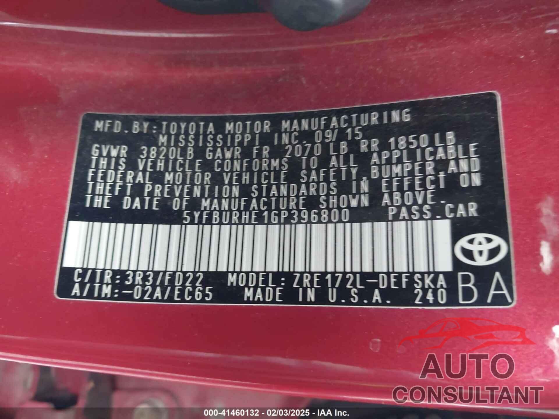 TOYOTA COROLLA 2016 - 5YFBURHE1GP396800