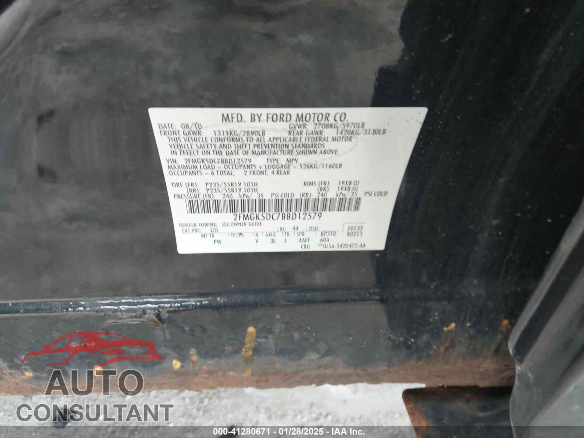 FORD FLEX 2011 - 2FMGK5DC7BBD12579