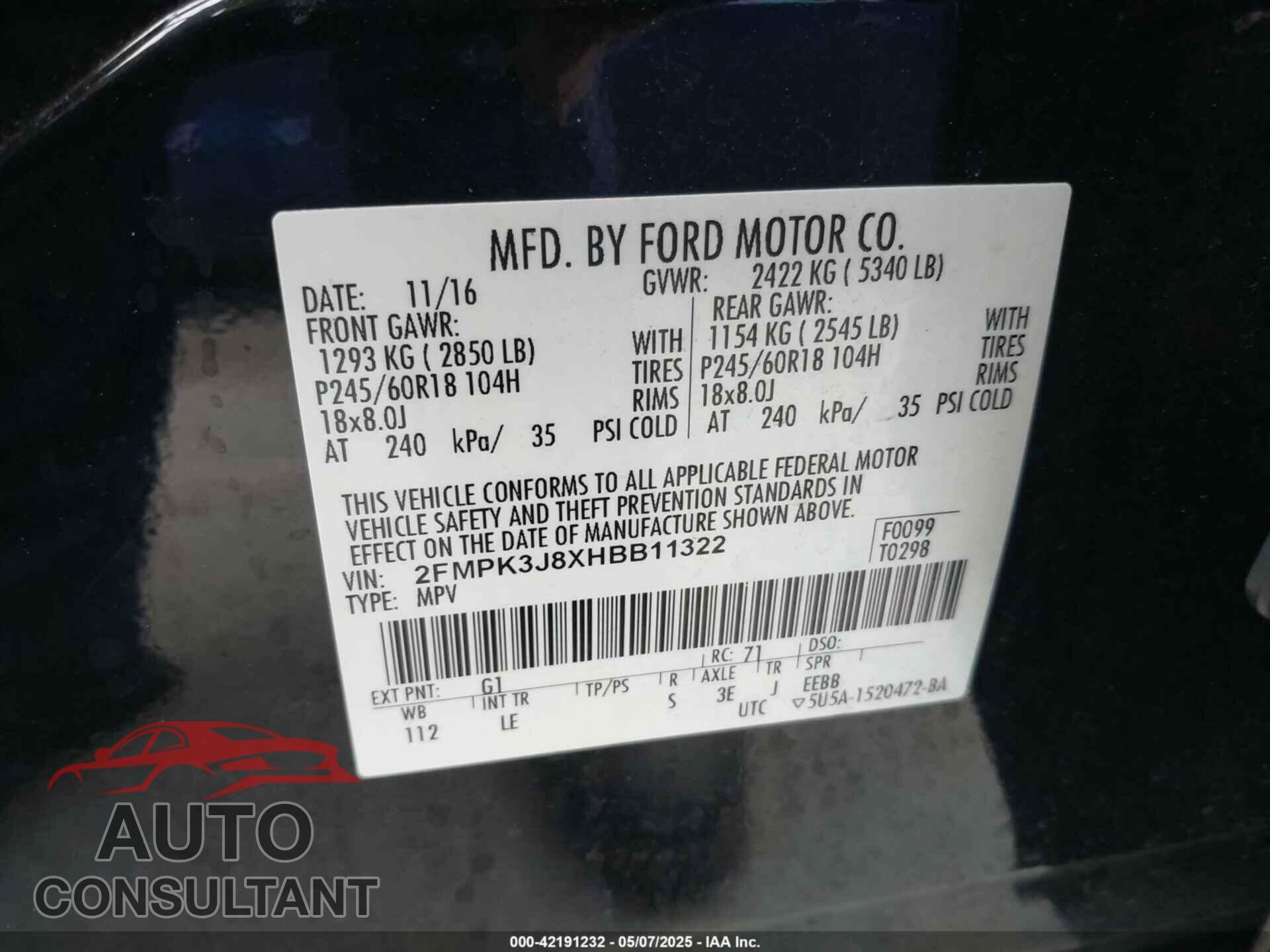 FORD EDGE 2017 - 2FMPK3J8XHBB11322