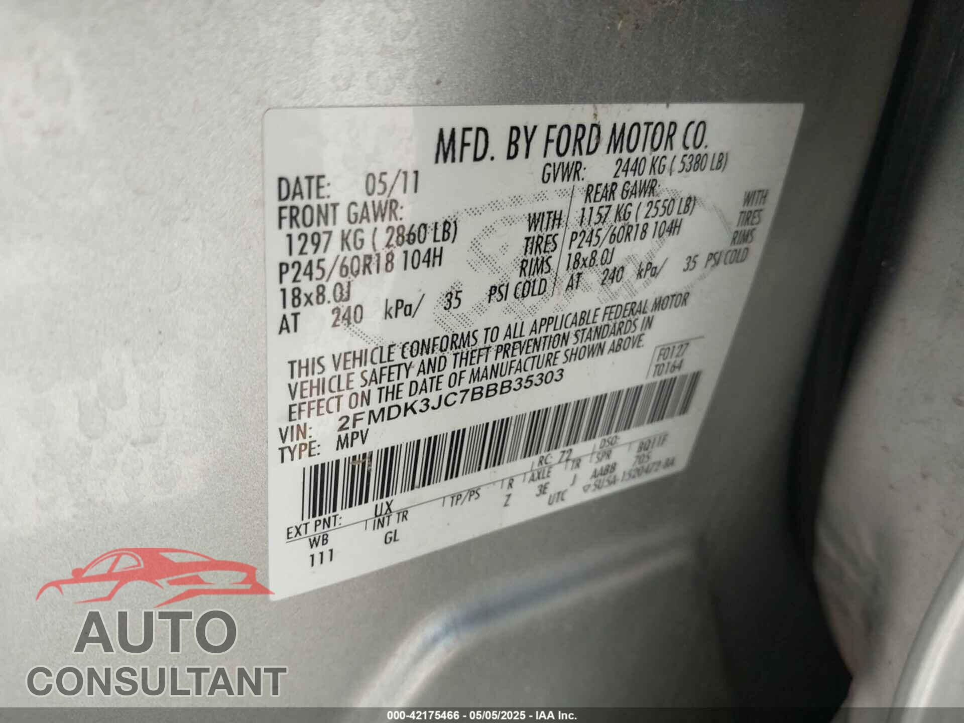 FORD EDGE 2011 - 2FMDK3JC7BBB35303