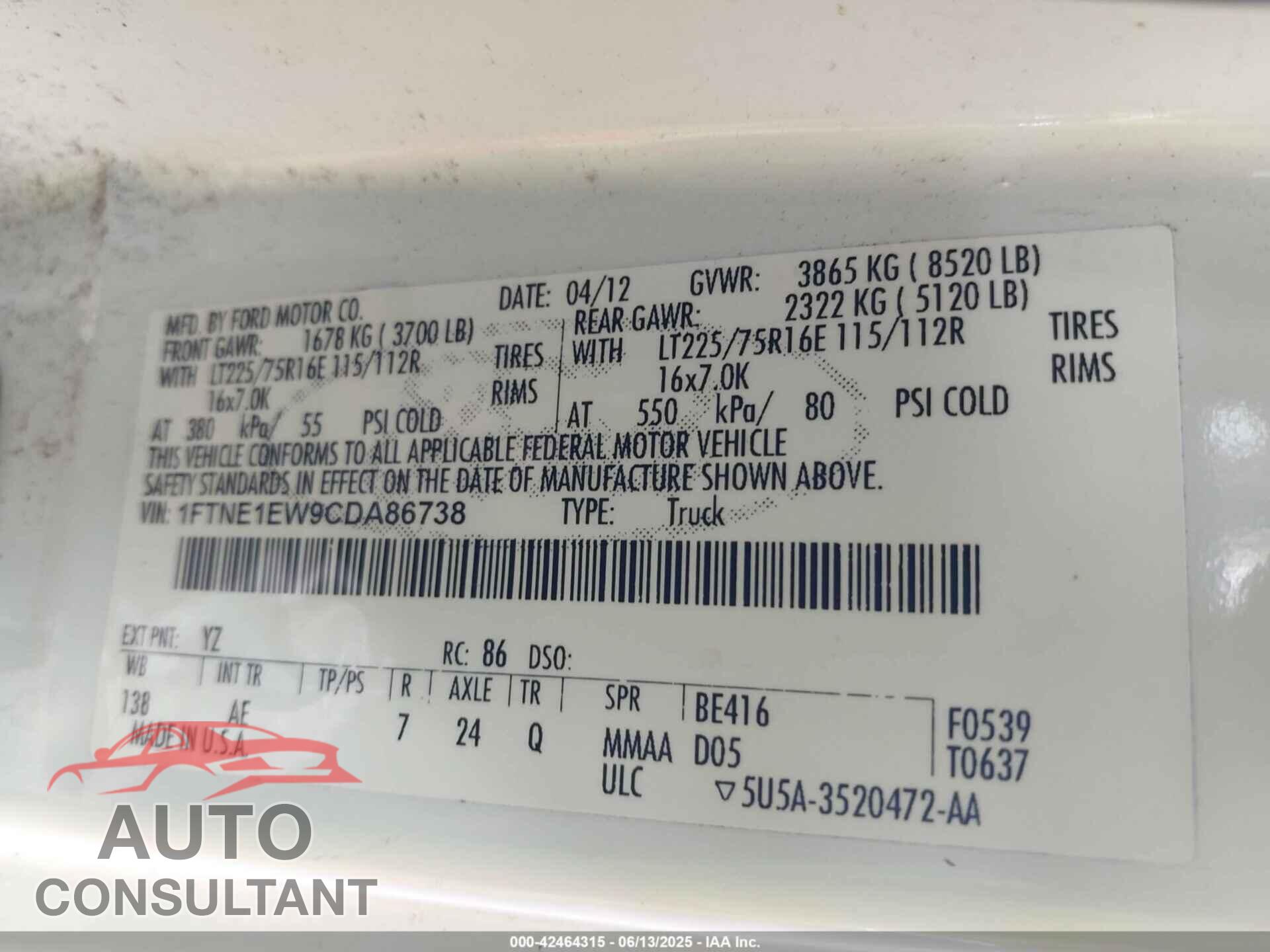 FORD E-150 2012 - 1FTNE1EW9CDA86738