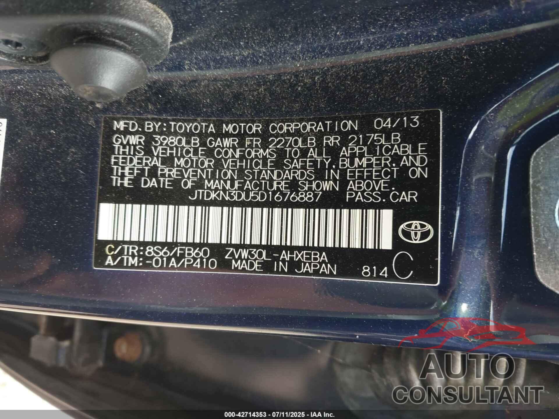 TOYOTA PRIUS 2013 - JTDKN3DU5D1676887