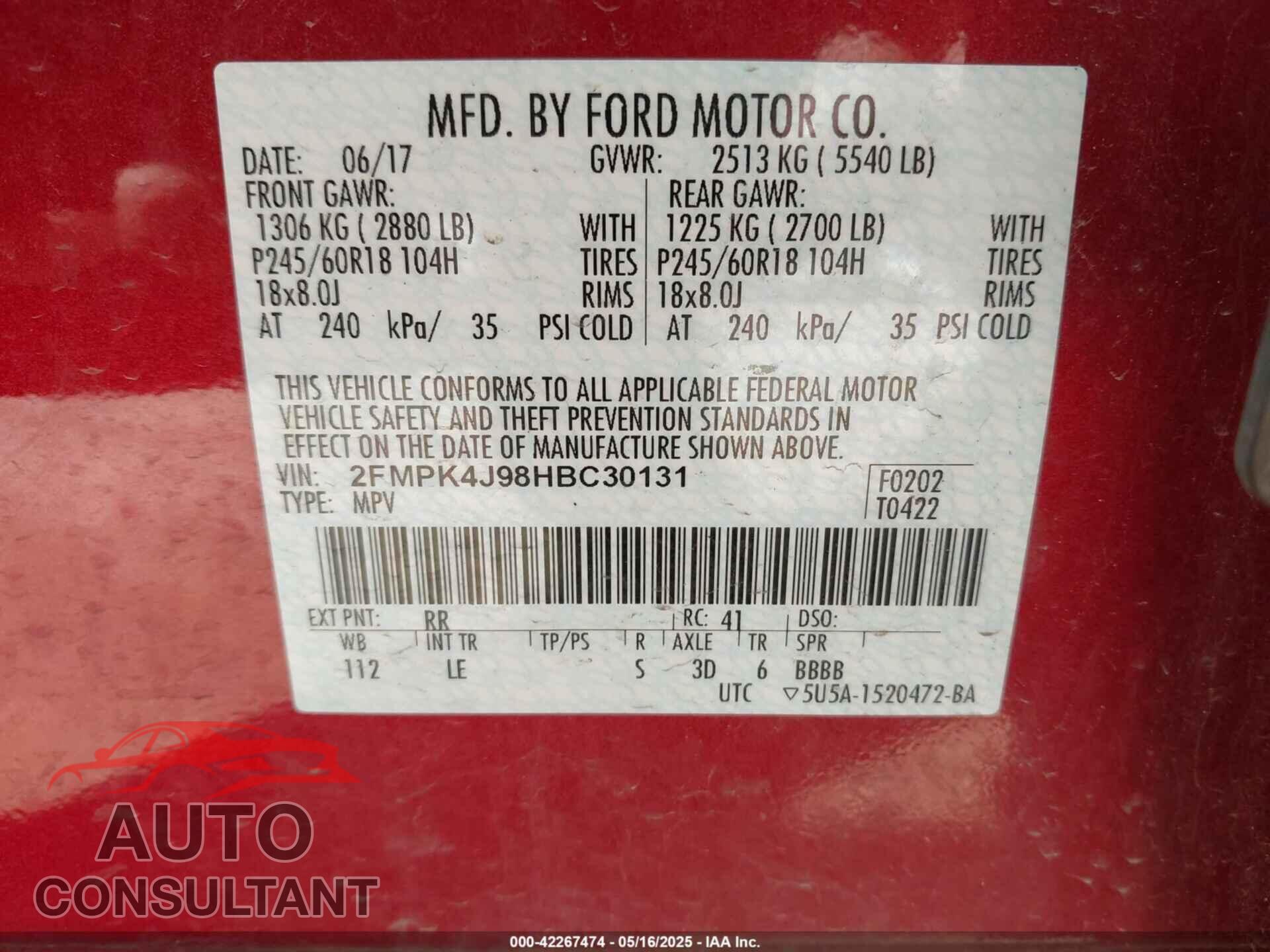 FORD EDGE 2017 - 2FMPK4J98HBC30131