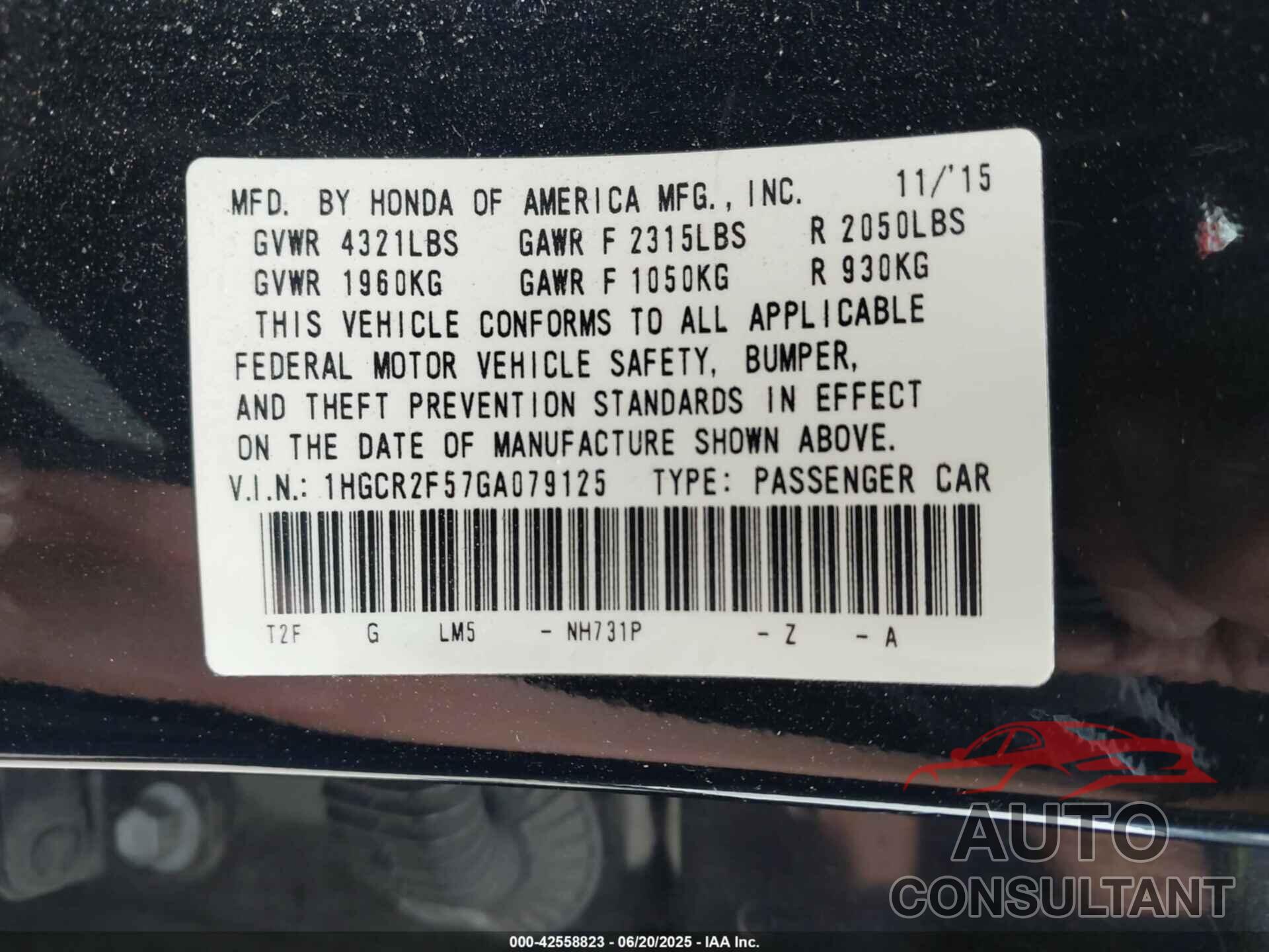 HONDA ACCORD 2016 - 1HGCR2F57GA079125