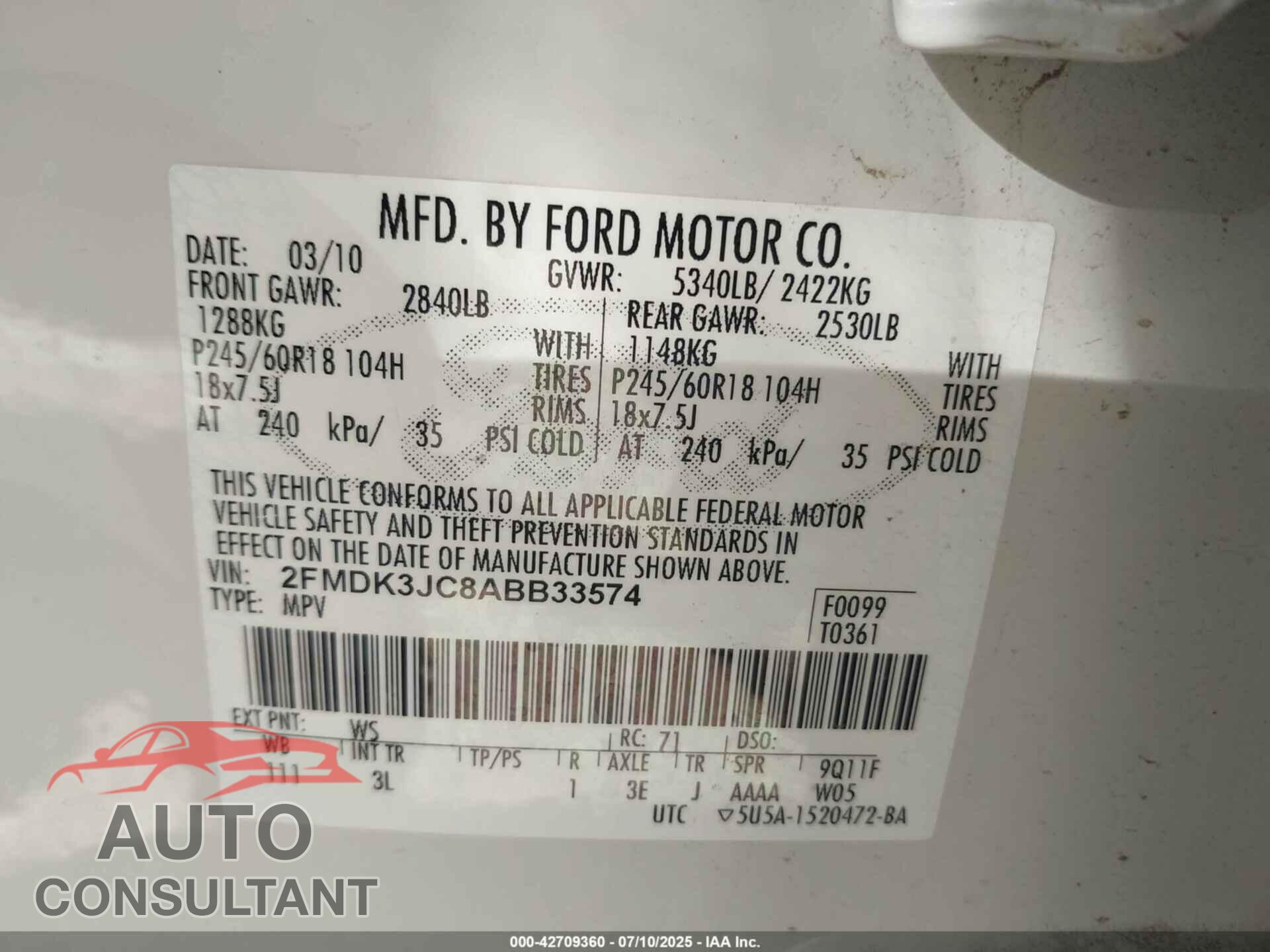FORD EDGE 2010 - 2FMDK3JC8ABB33574