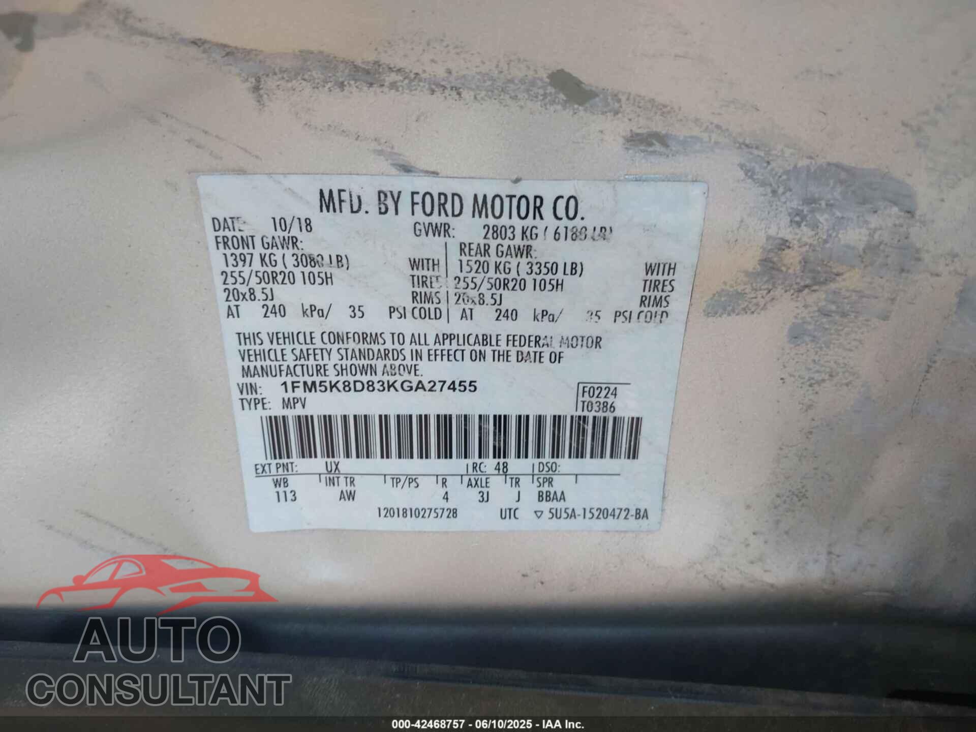 FORD EXPLORER 2019 - 1FM5K8D83KGA27455